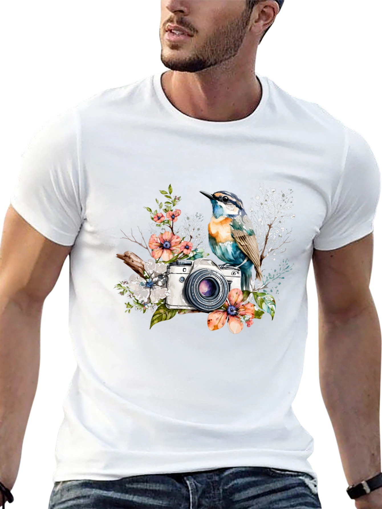 Bird & Camera Floral Black T-Shirt