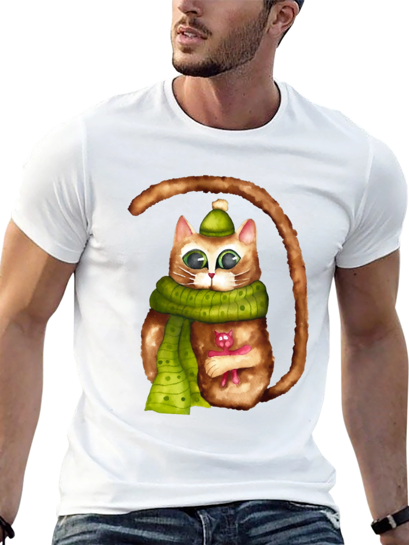 Whimsical Cat in Scarf Graphic Tee