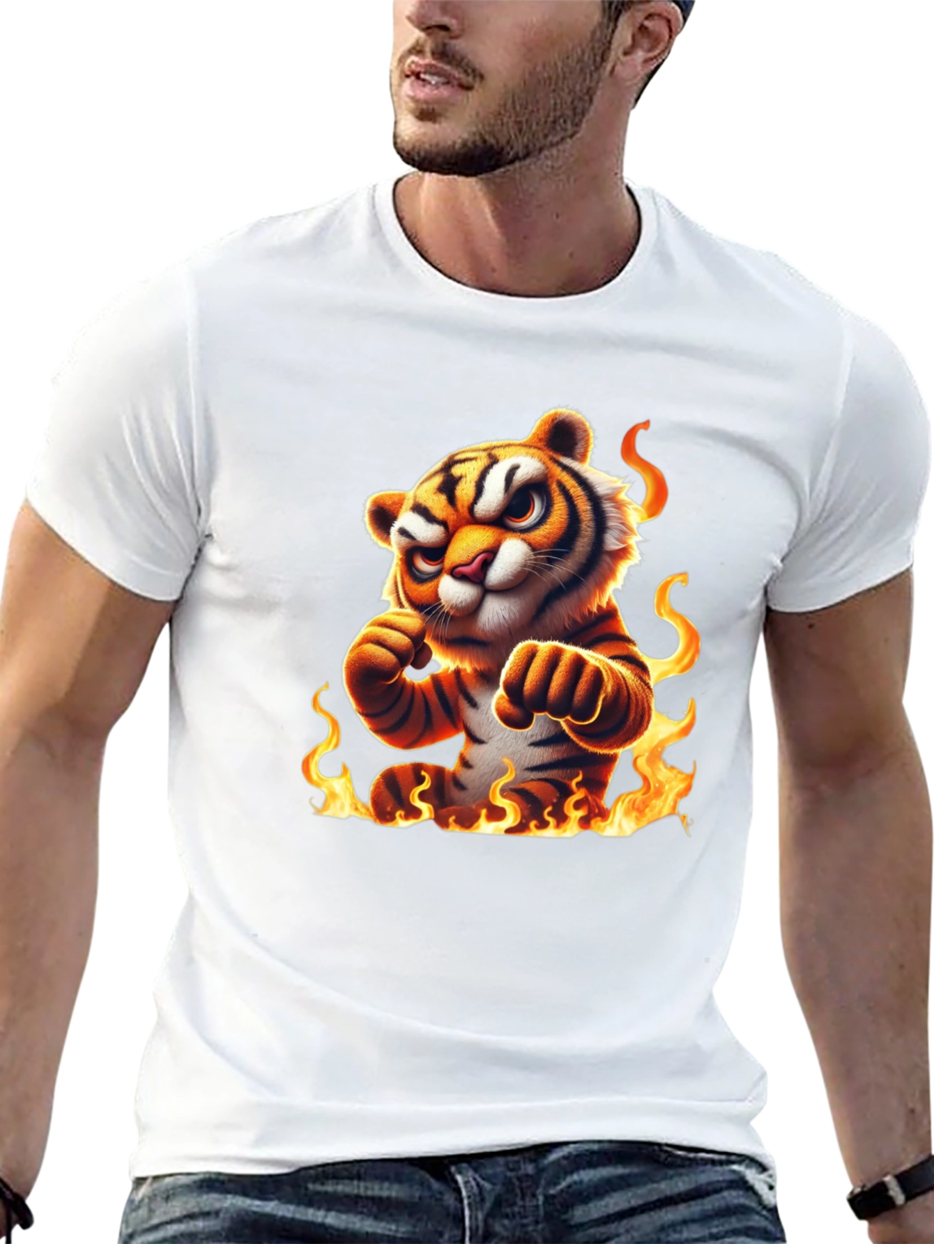 Fiery Tiger Graphic Tee - Bold Black Cotton T-Shirt