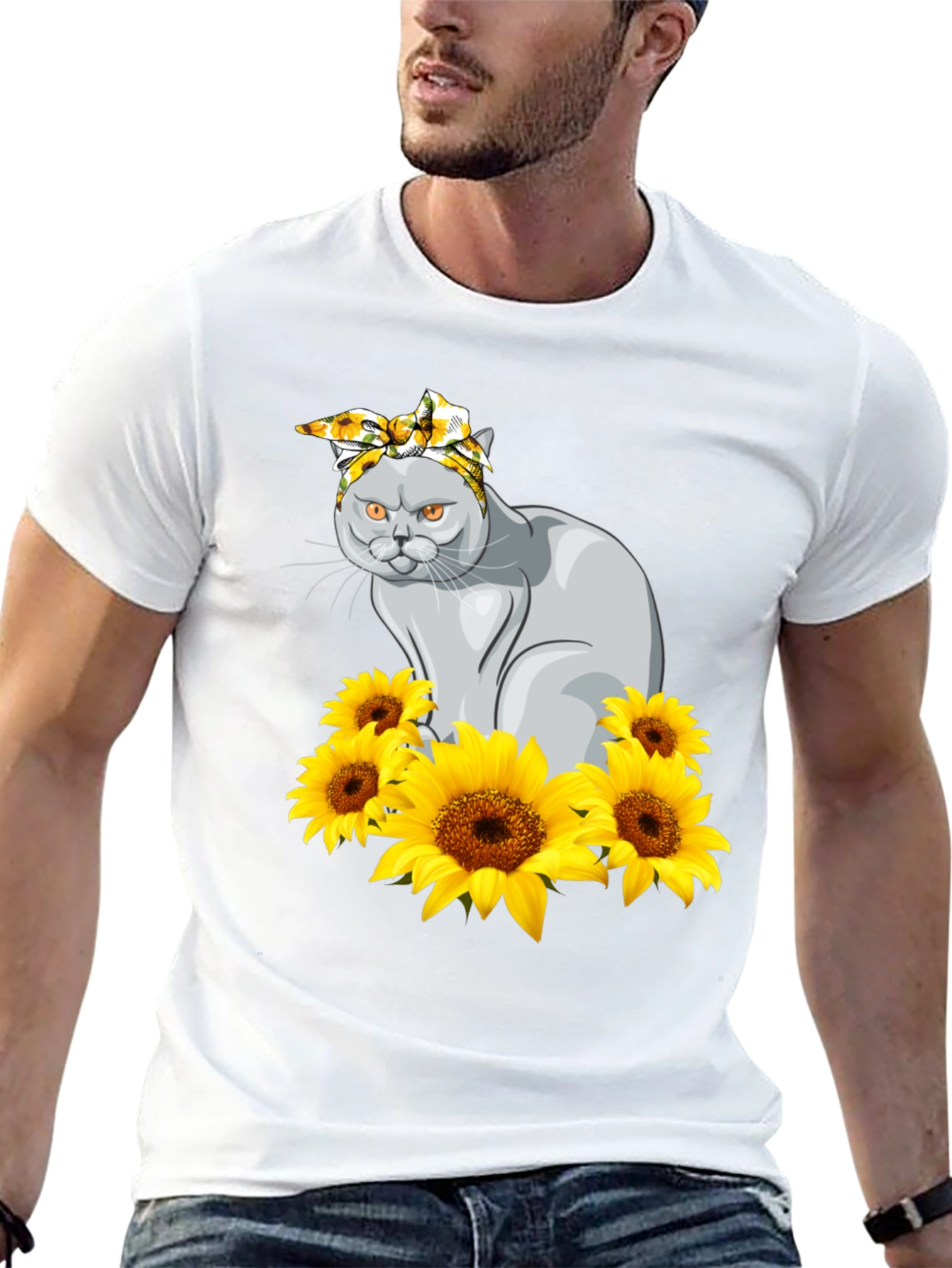 Cat in Sunflowers Graphic T-Shirt