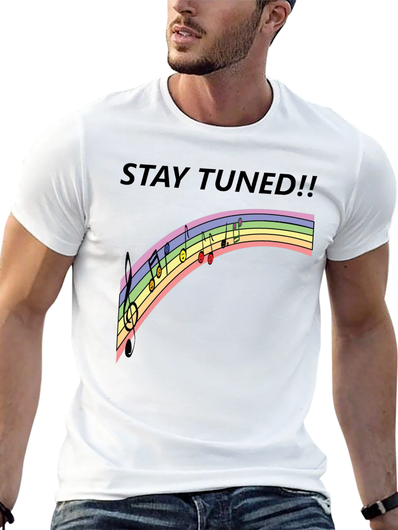 Stay Tuned Rainbow Music Notes Black T-Shirt