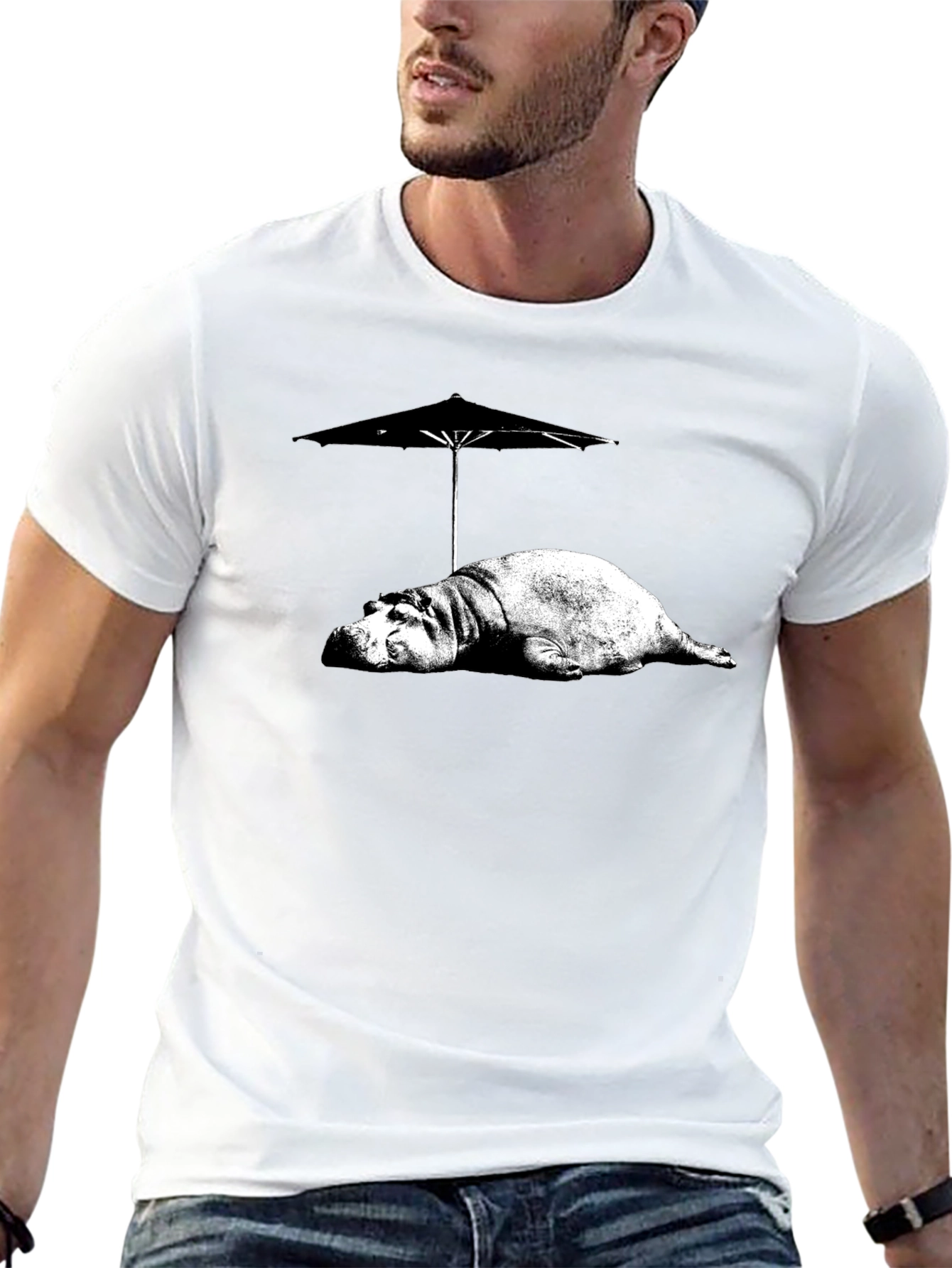 Hippo Under Umbrella Graphic Tee - Relaxed Summer Style