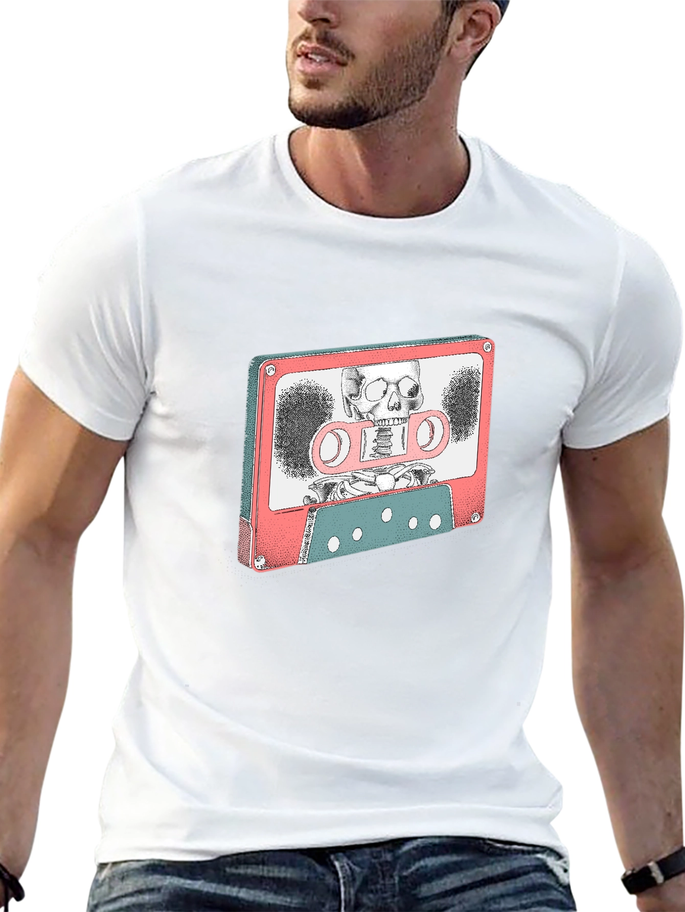 Retro Cassette Tape Skeleton Graphic T-Shirt
