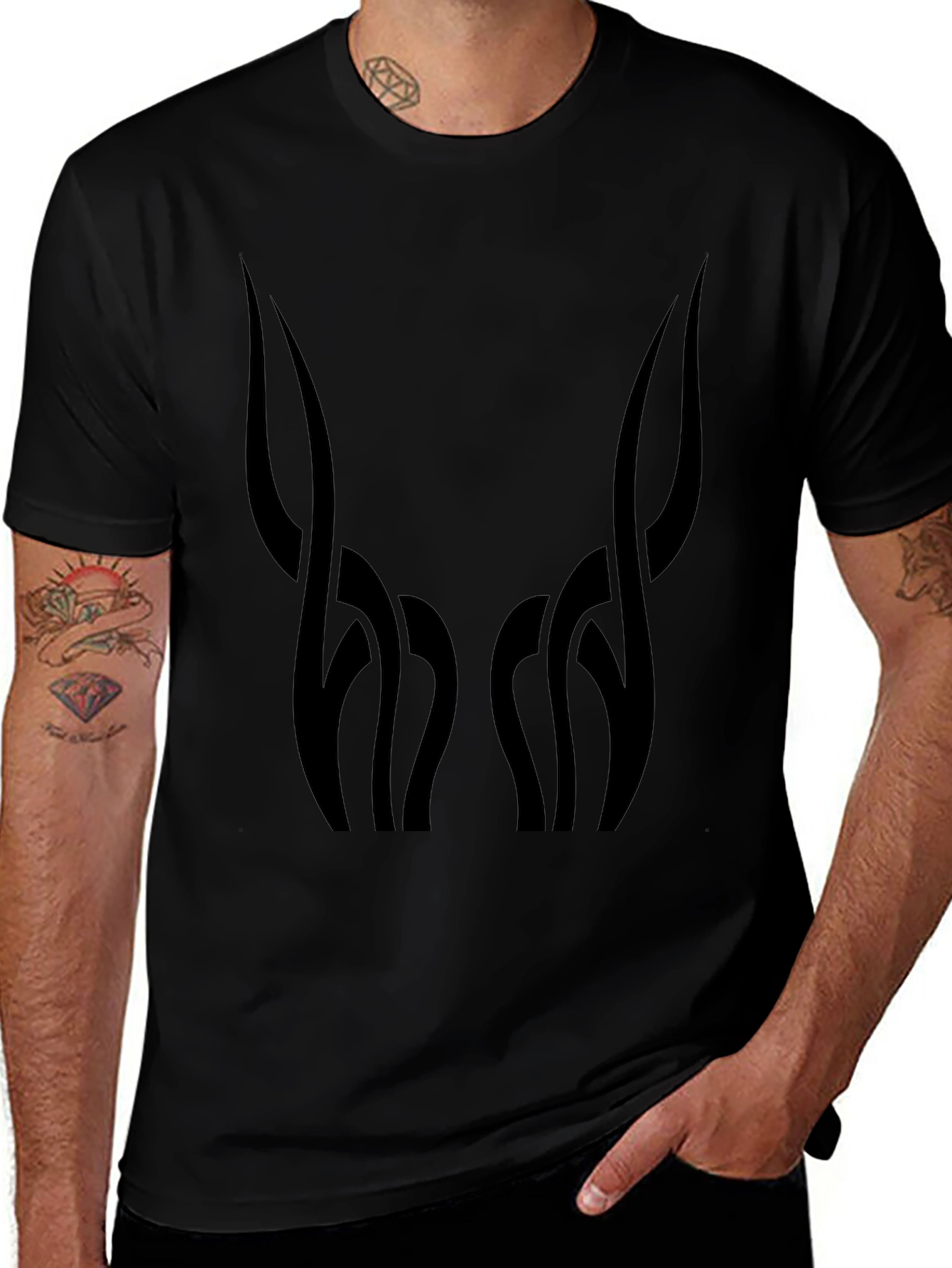 Mens Black Graphic Tee - Abstract Horn Design