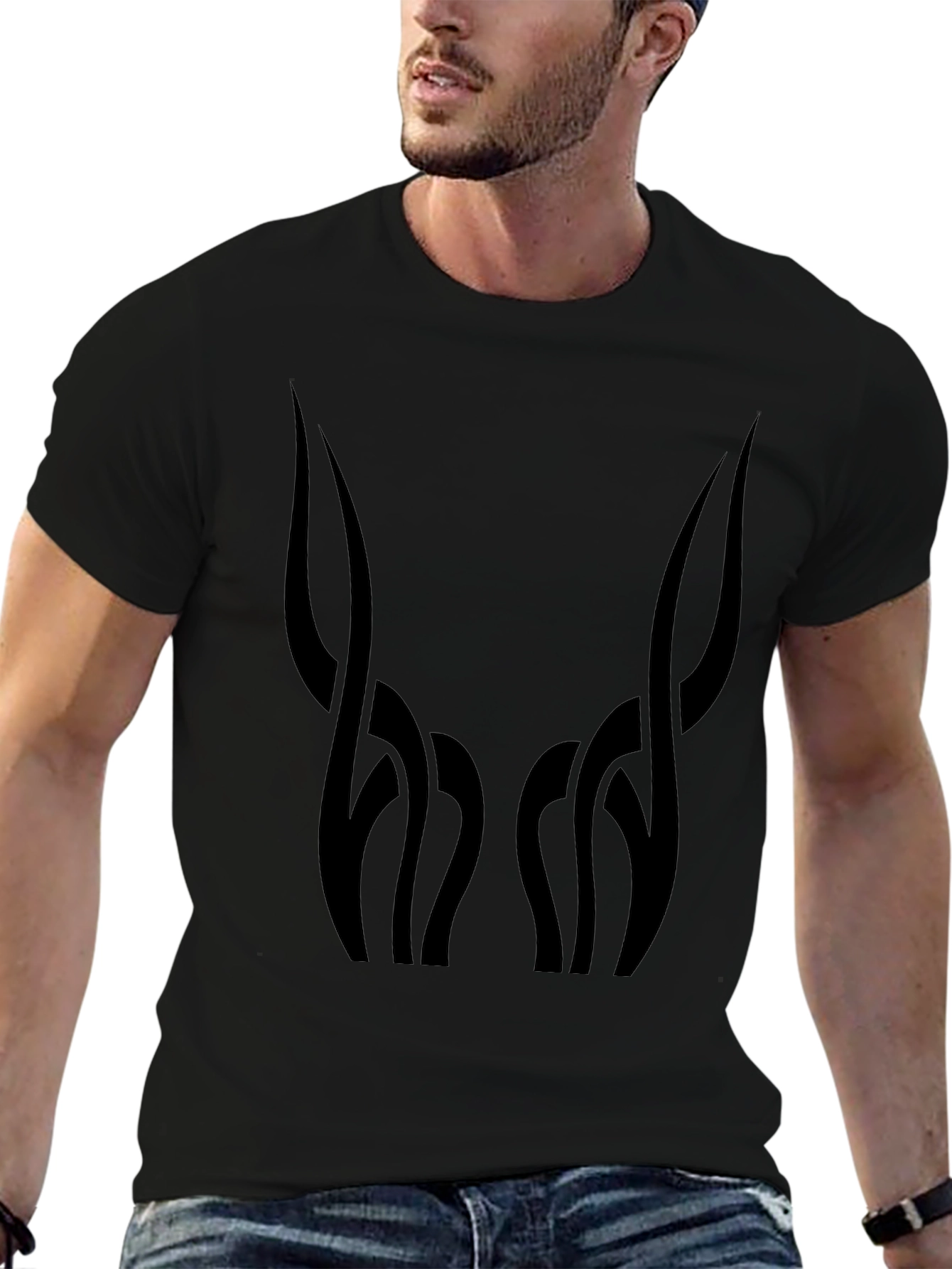Mens Black Graphic Tee - Abstract Horn Design