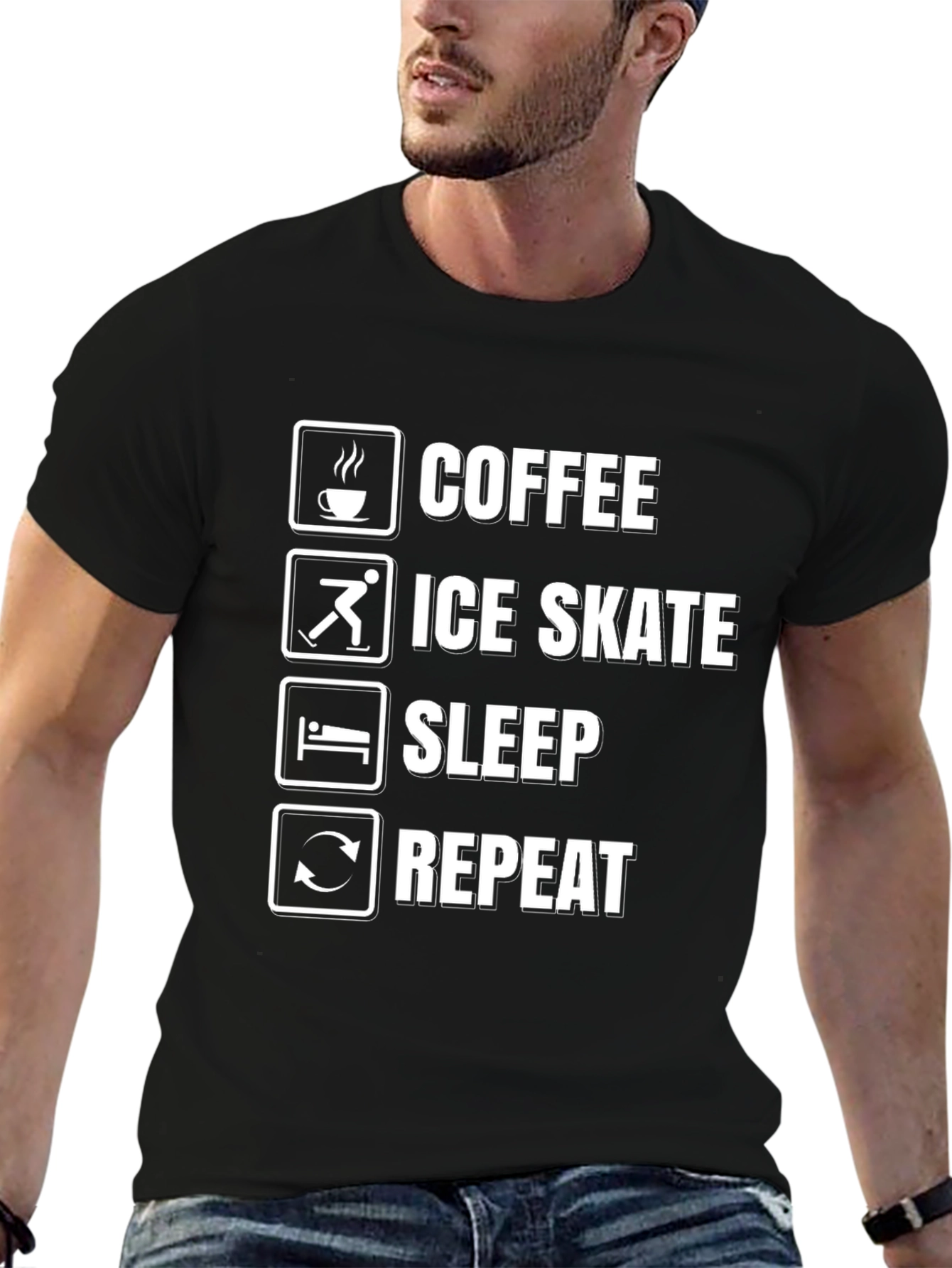 Coffee Ice Skate Sleep Repeat Black Graphic T-Shirt