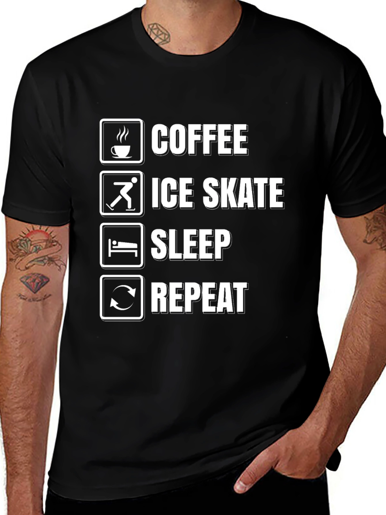 Coffee Ice Skate Sleep Repeat Black Graphic T-Shirt