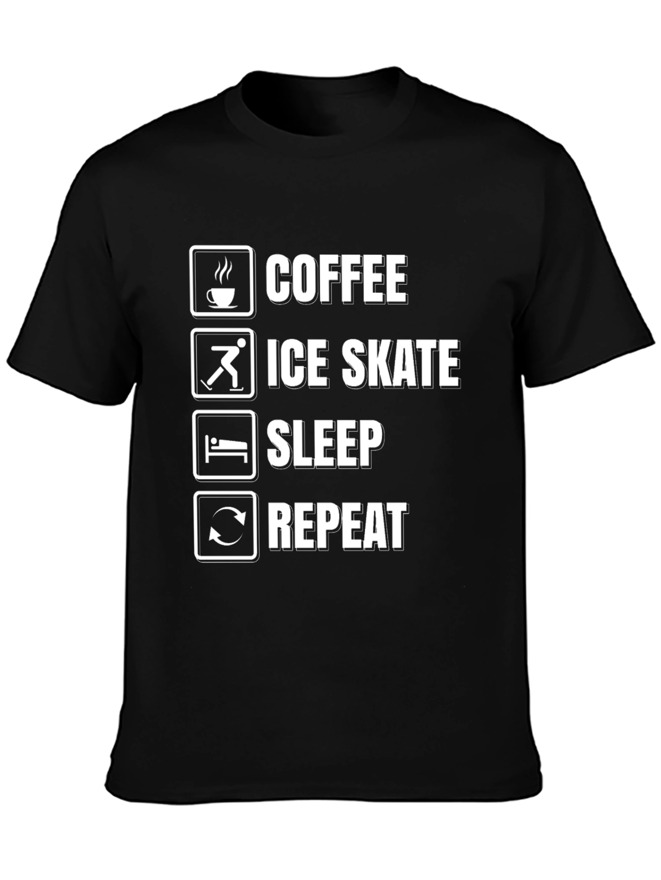 Coffee Ice Skate Sleep Repeat Black Graphic T-Shirt