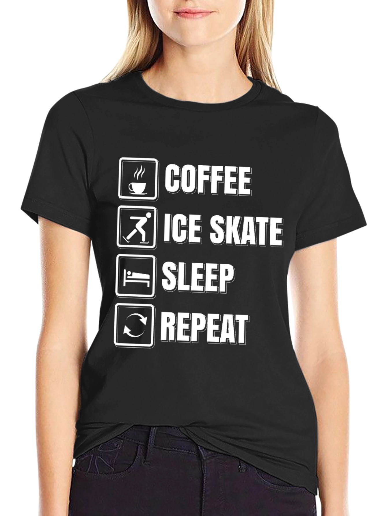 Coffee Ice Skate Sleep Repeat Black Graphic T-Shirt