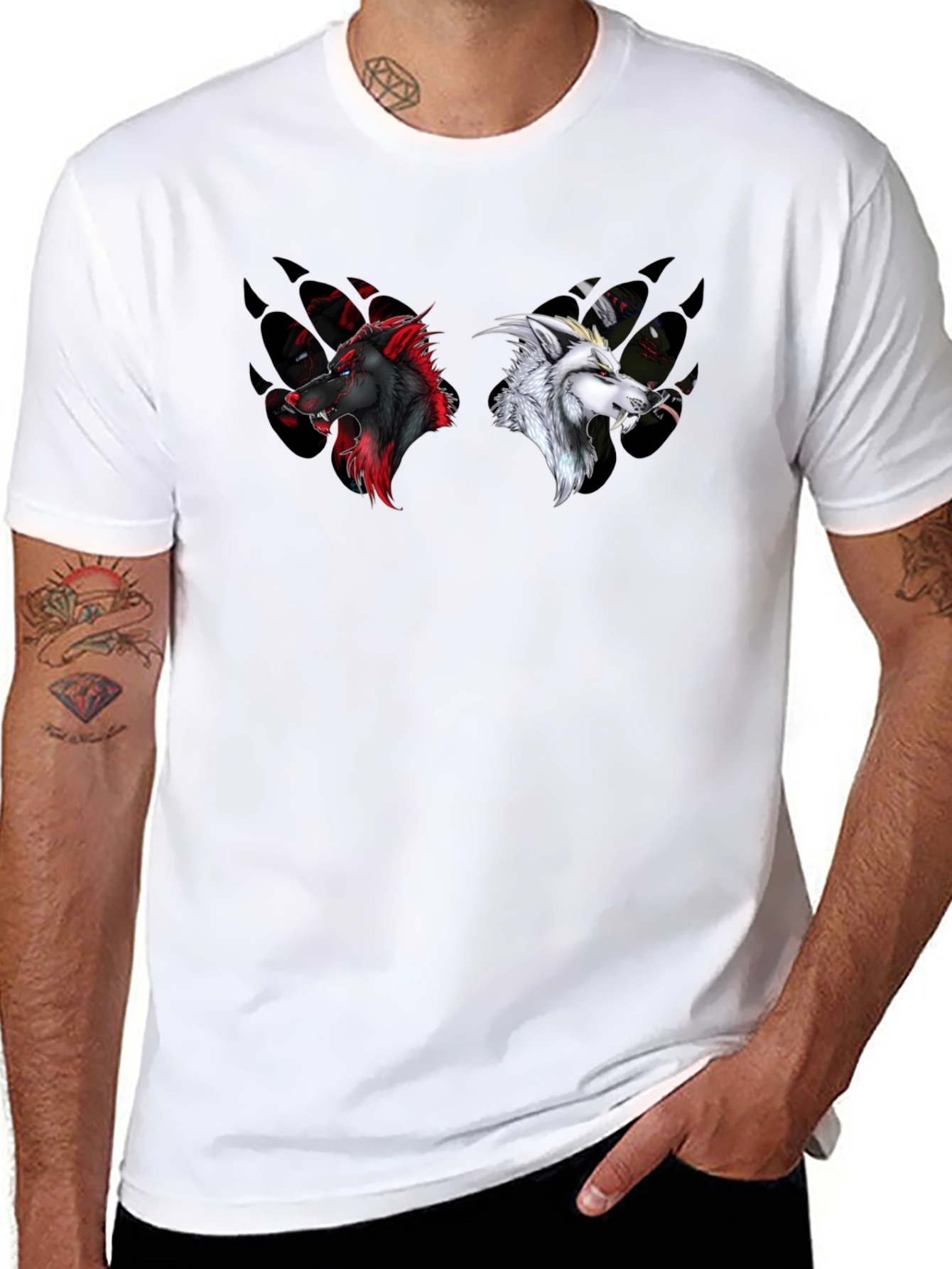 Yin Yang Wolves Graphic Tee - Black Cotton T-Shirt