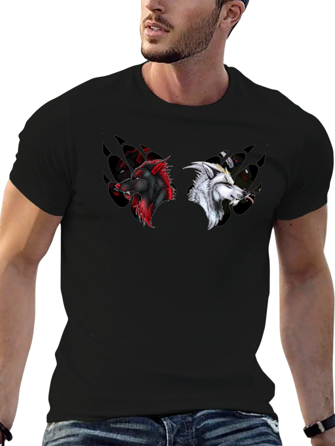 Yin Yang Wolves Graphic Tee - Black Cotton T-Shirt