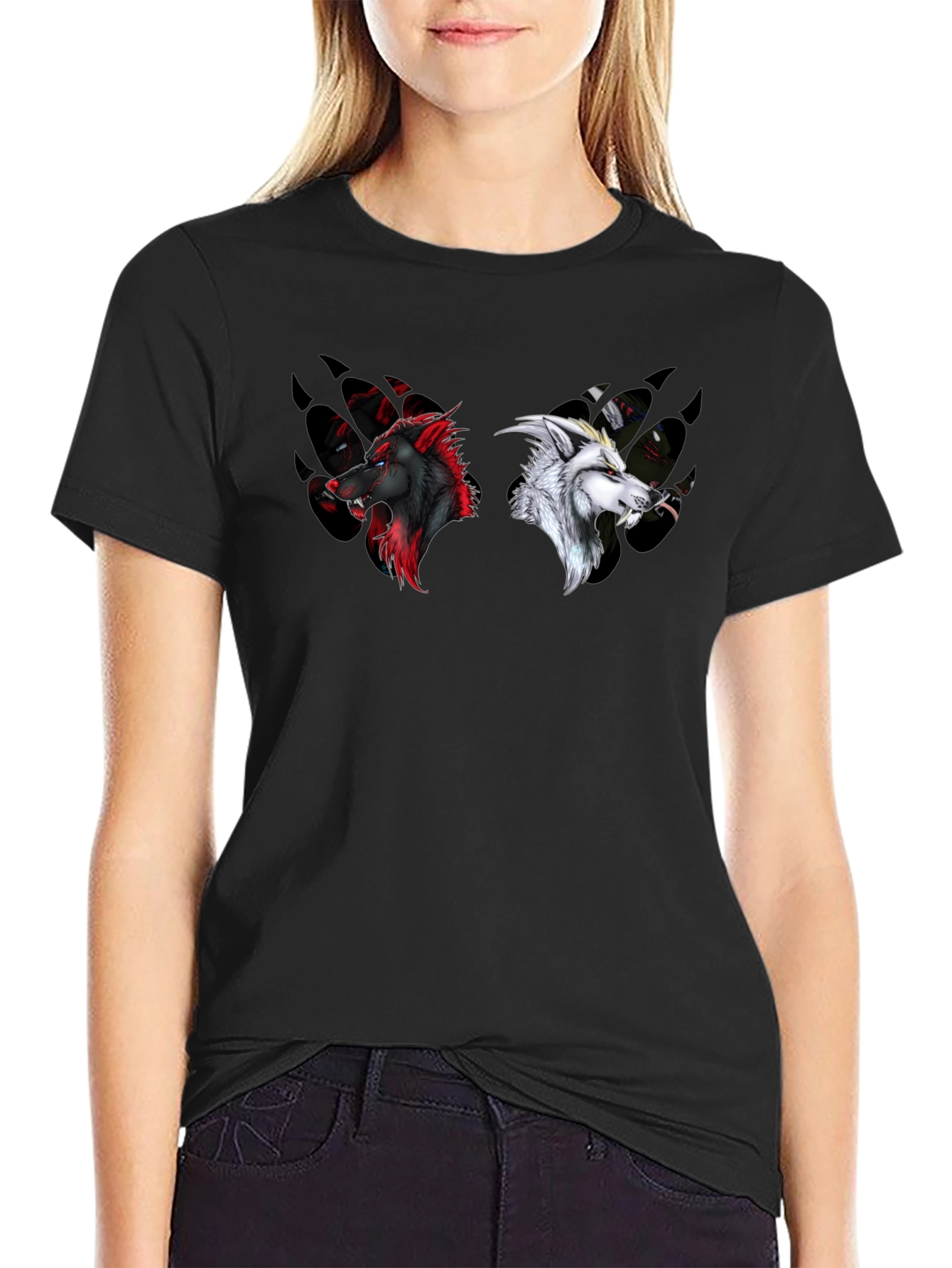 Yin Yang Wolves Graphic Tee - Black Cotton T-Shirt