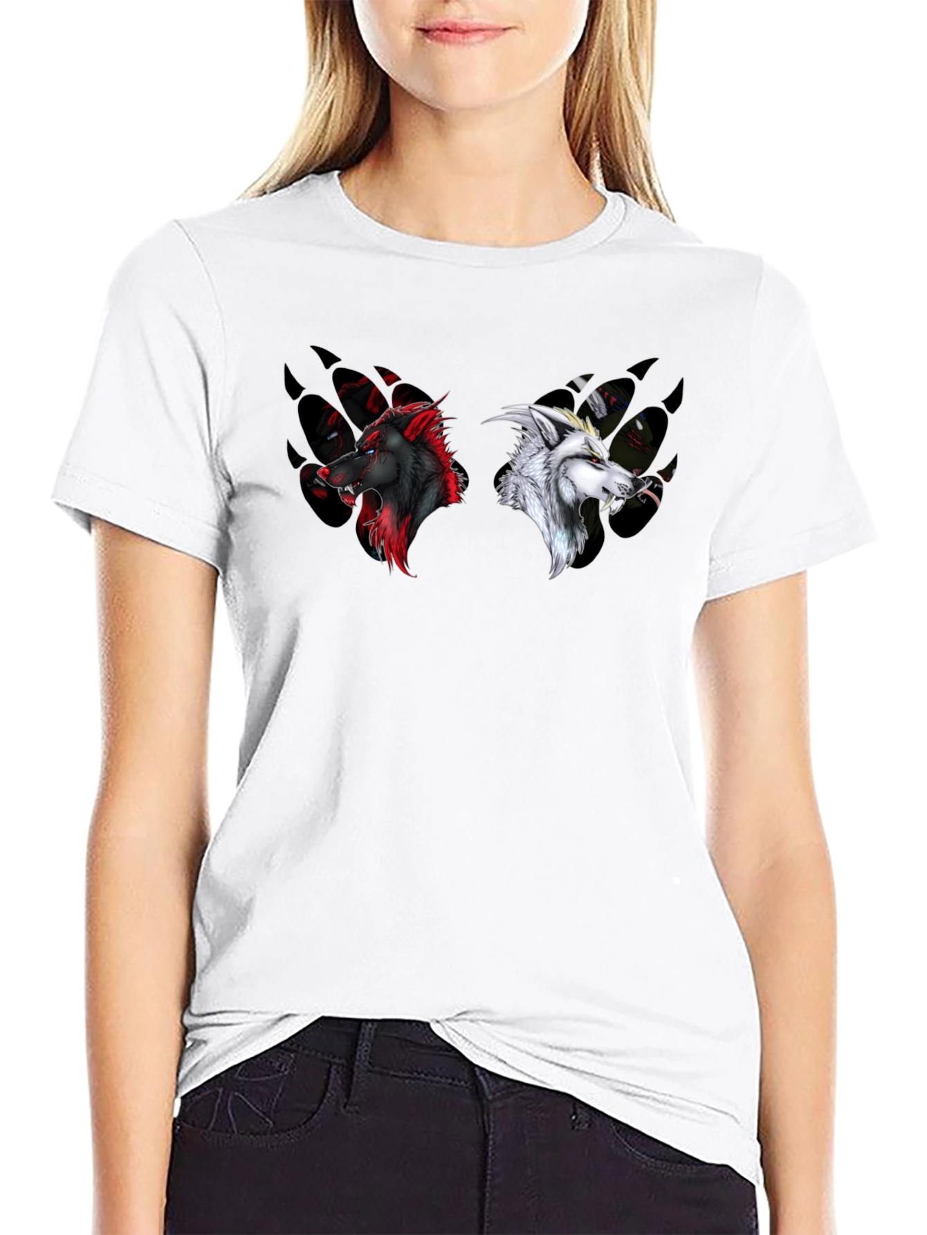 Yin Yang Wolves Graphic Tee - Black Cotton T-Shirt