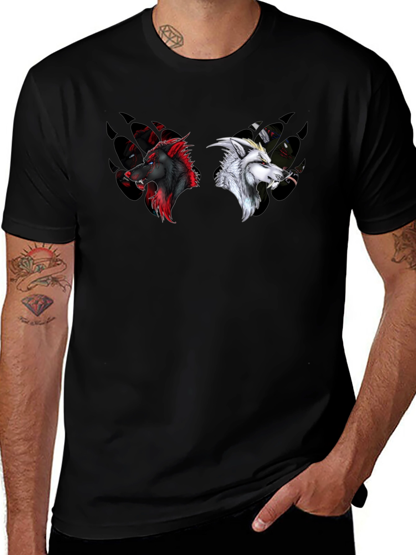 Yin Yang Wolves Graphic Tee - Black Cotton T-Shirt