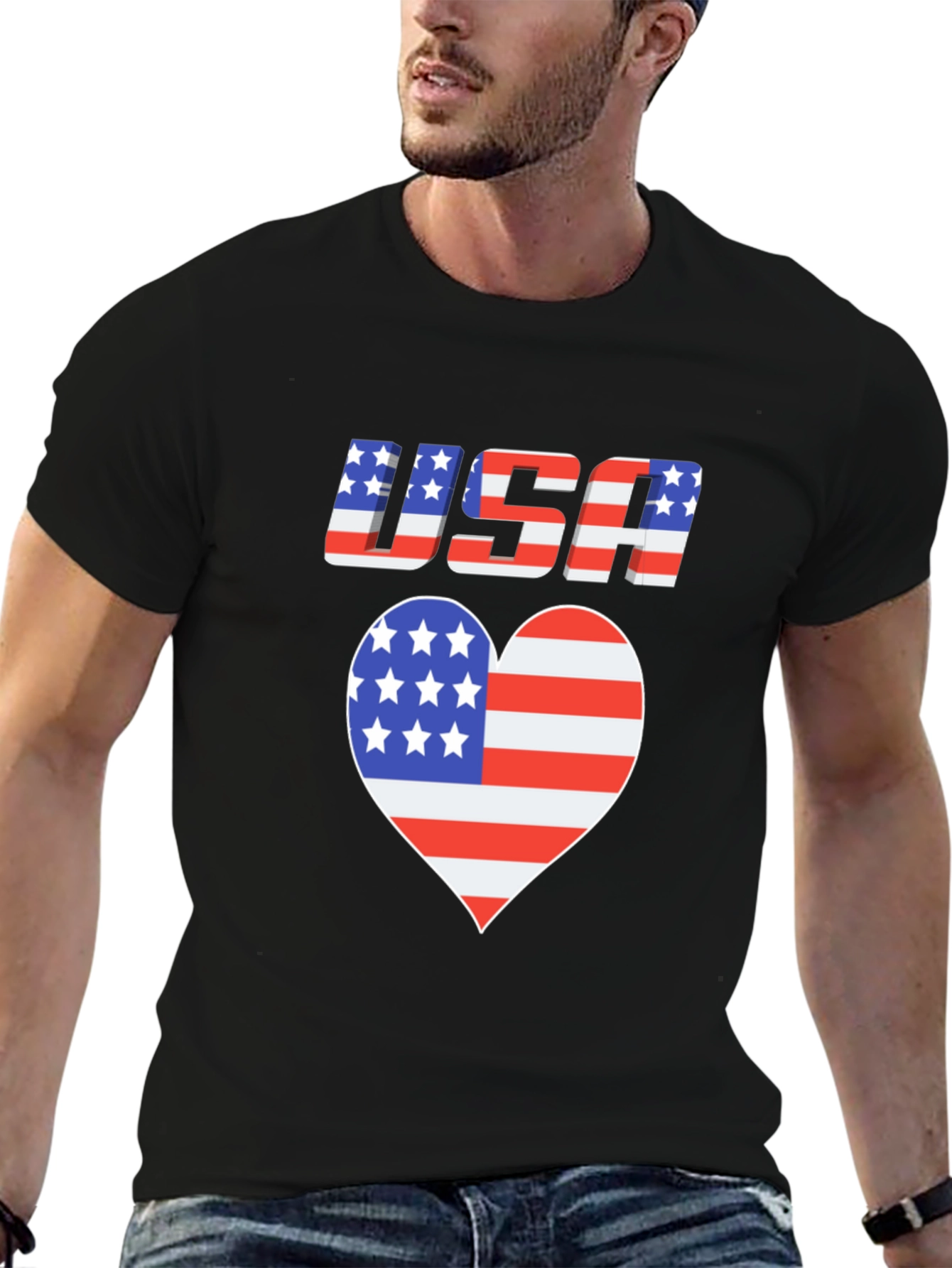 USA Flag Heart Graphic Black T-Shirt Patriotic