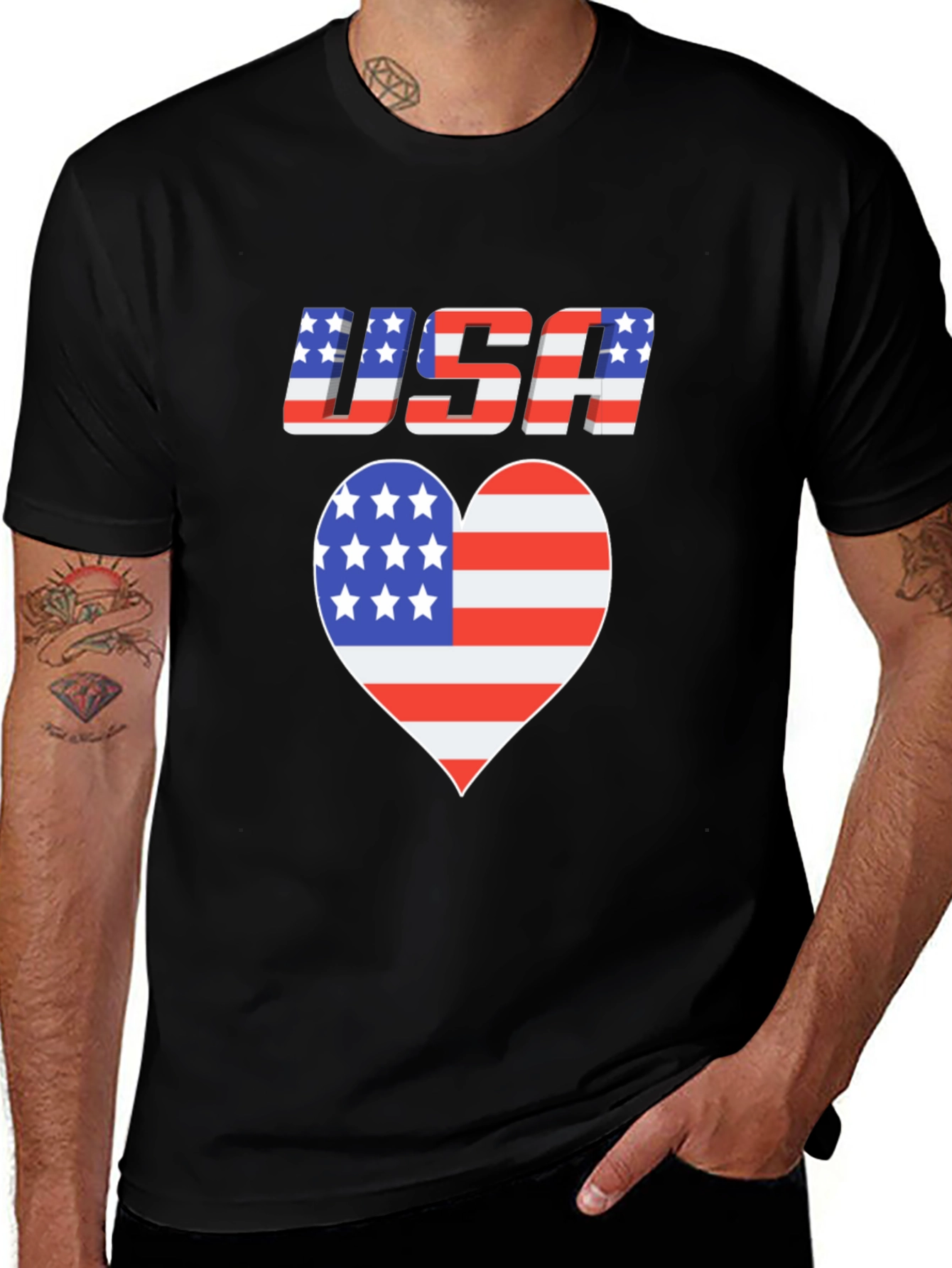 USA Flag Heart Graphic Black T-Shirt Patriotic