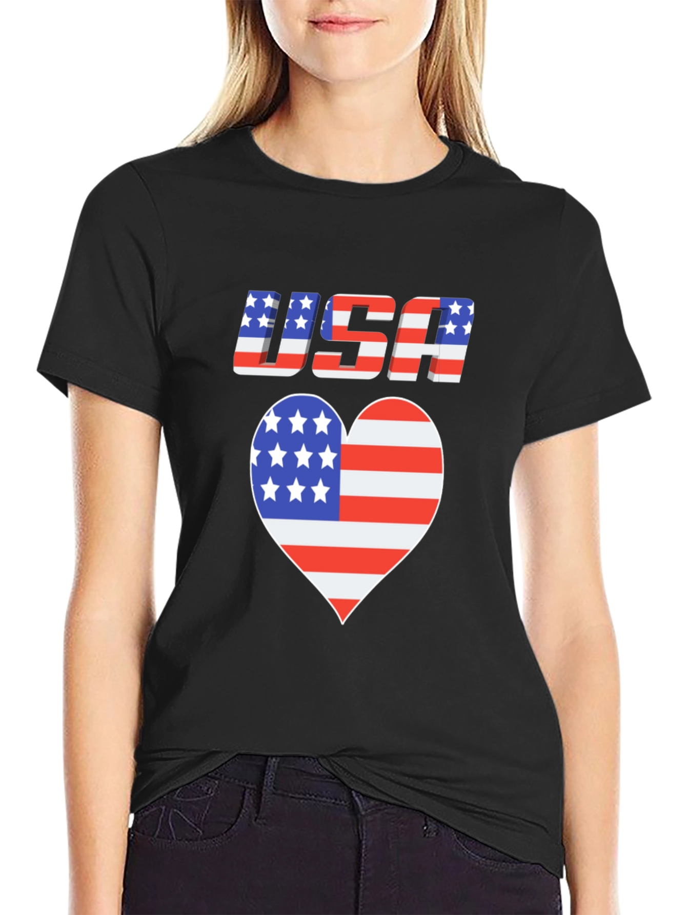 USA Flag Heart Graphic Black T-Shirt Patriotic