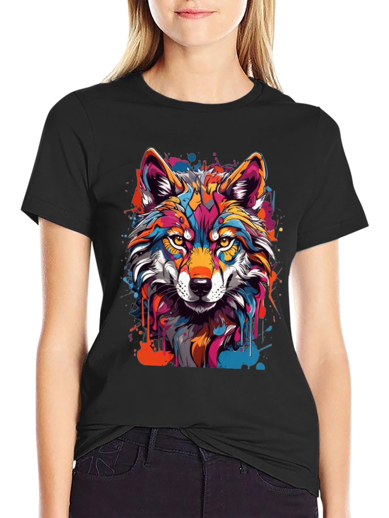 Vibrant Wolf Graphic Tee - Mens Black T-Shirt