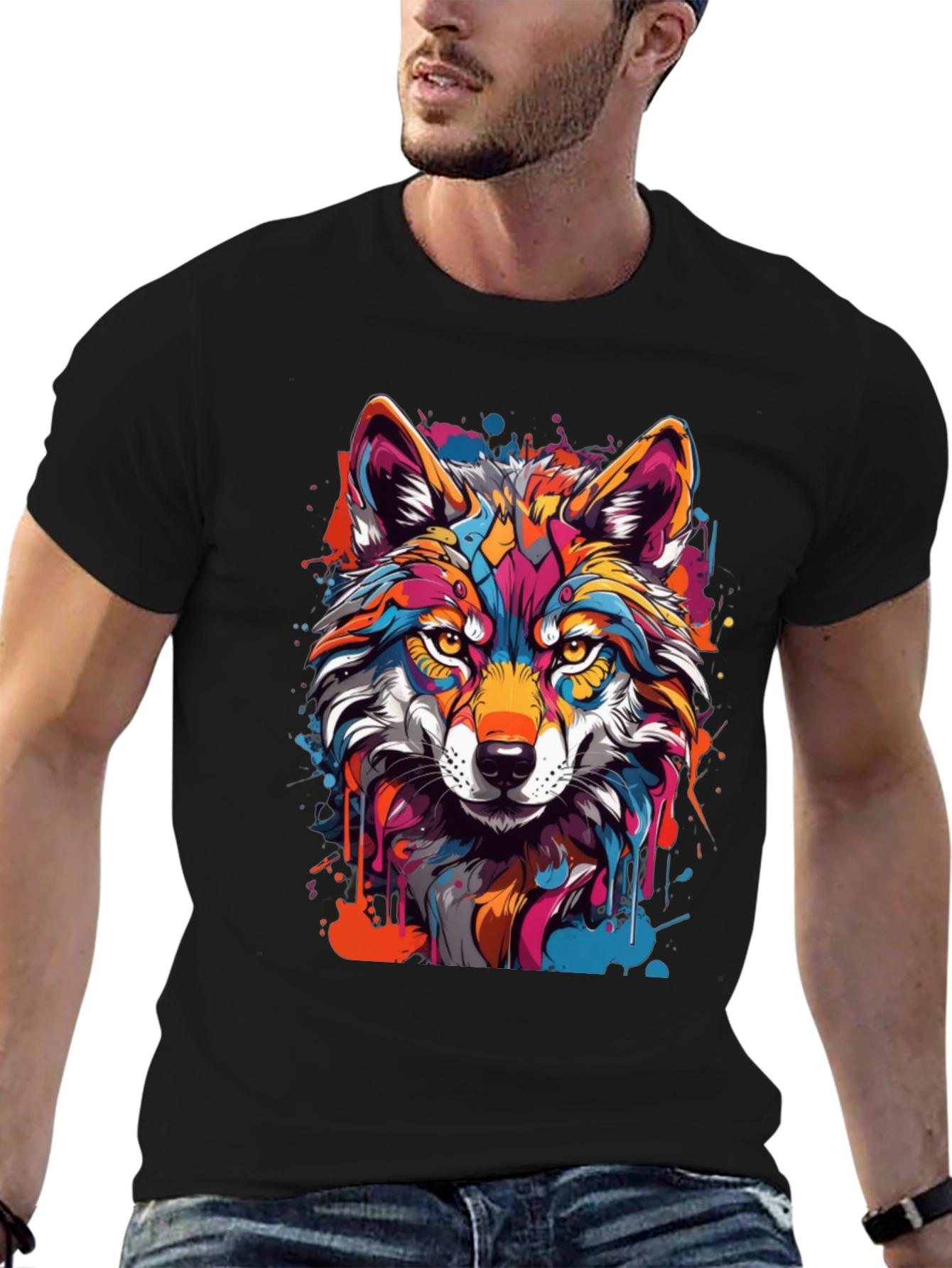 Vibrant Wolf Graphic Tee - Mens Black T-Shirt