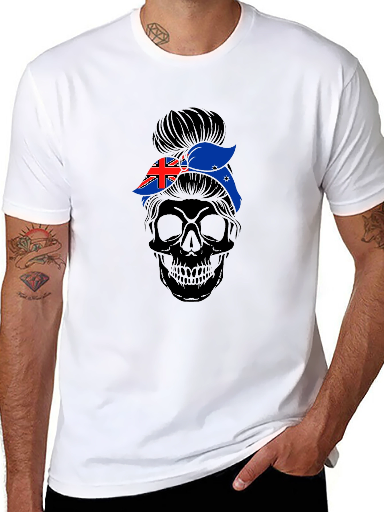 Messy Bun Skull Australia Flag T-Shirt