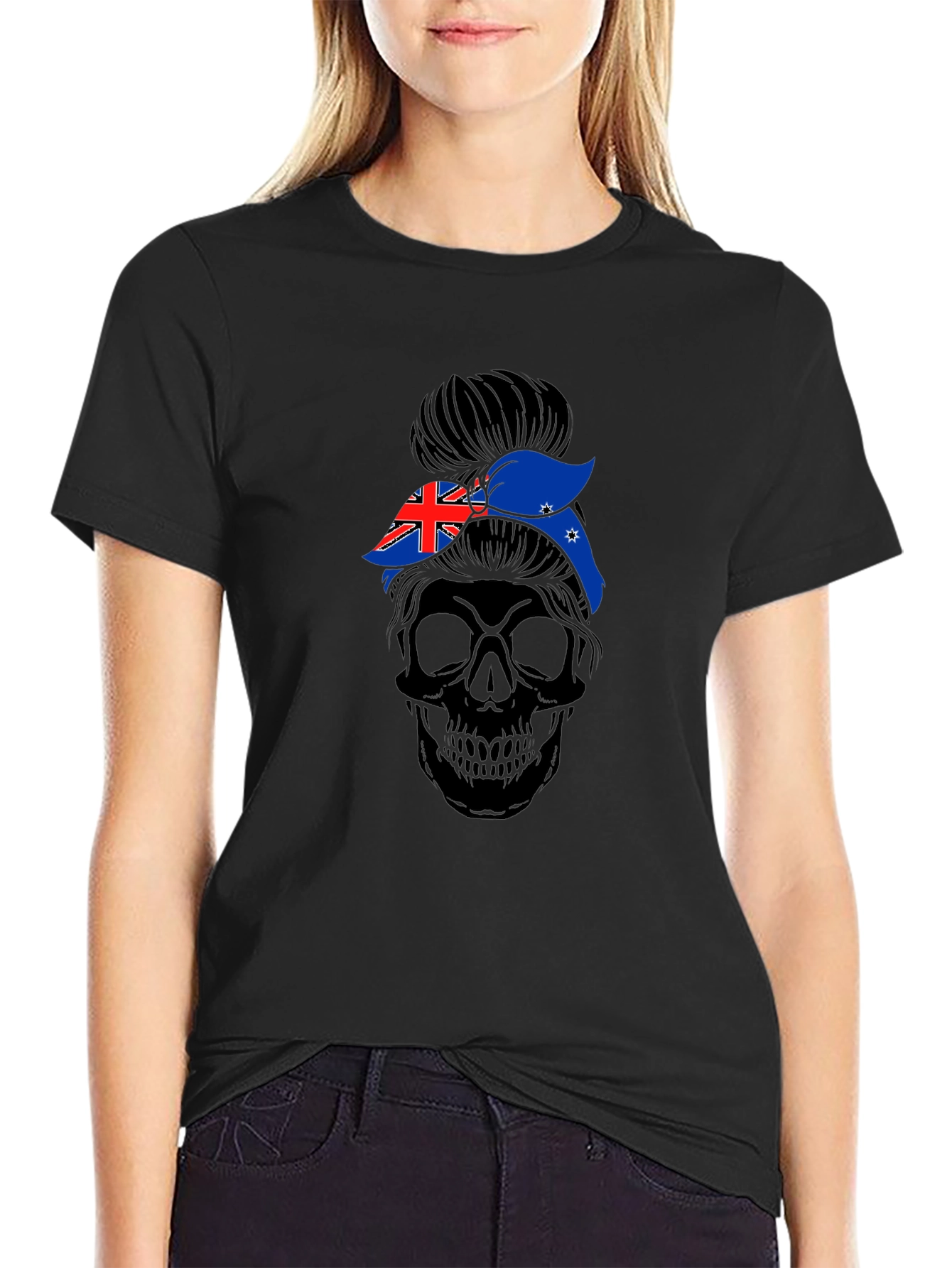 Messy Bun Skull Australia Flag T-Shirt