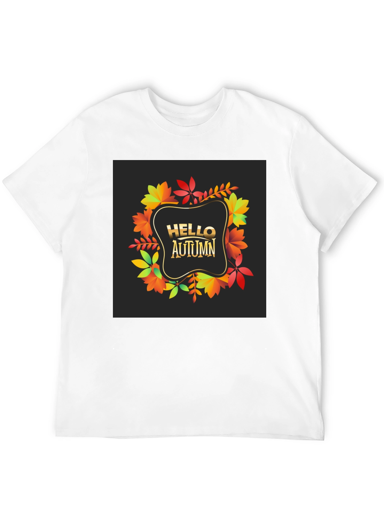 Hello Autumn Black T-Shirt - Fall Leaves Design