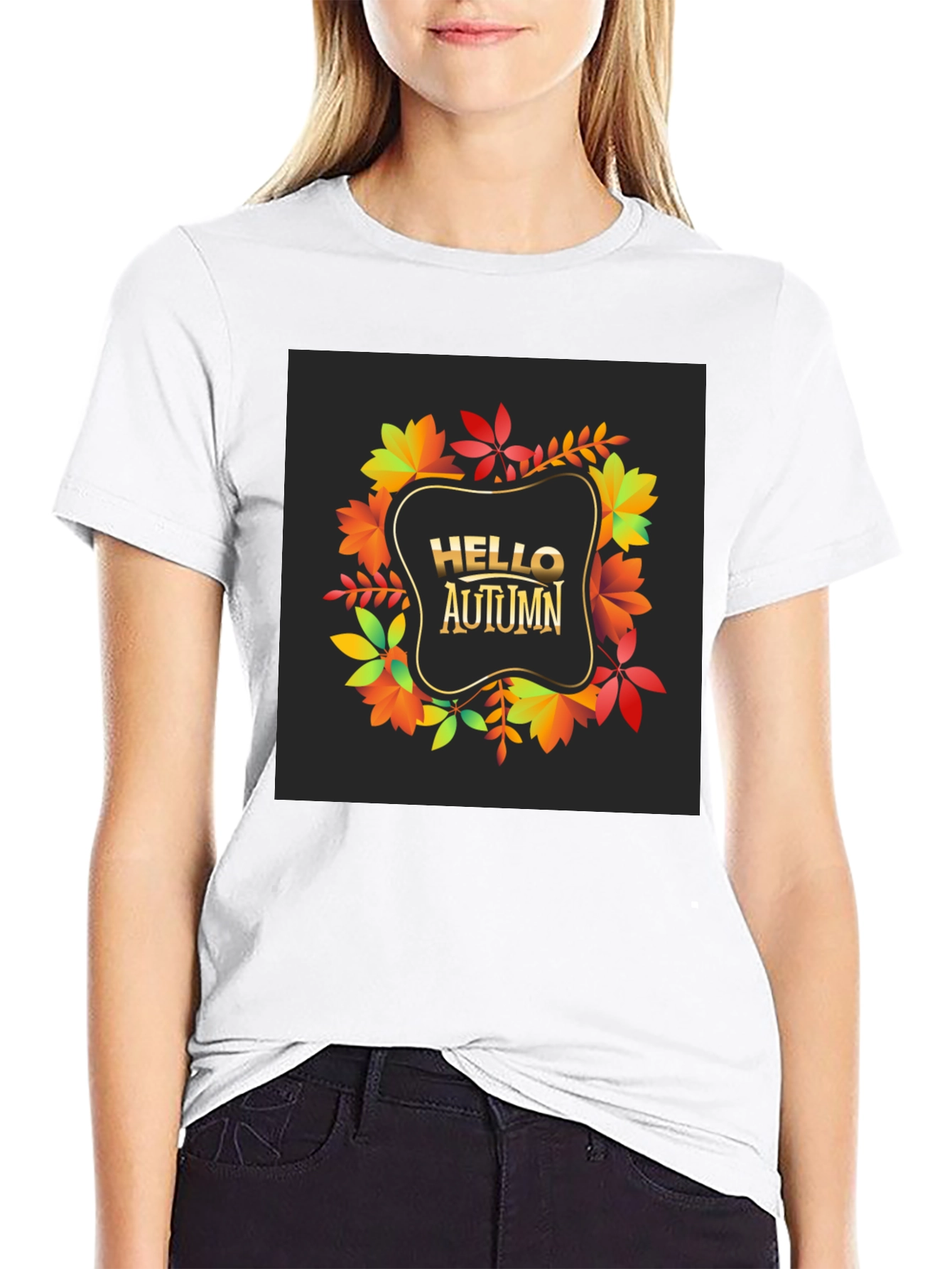 Hello Autumn Black T-Shirt - Fall Leaves Design
