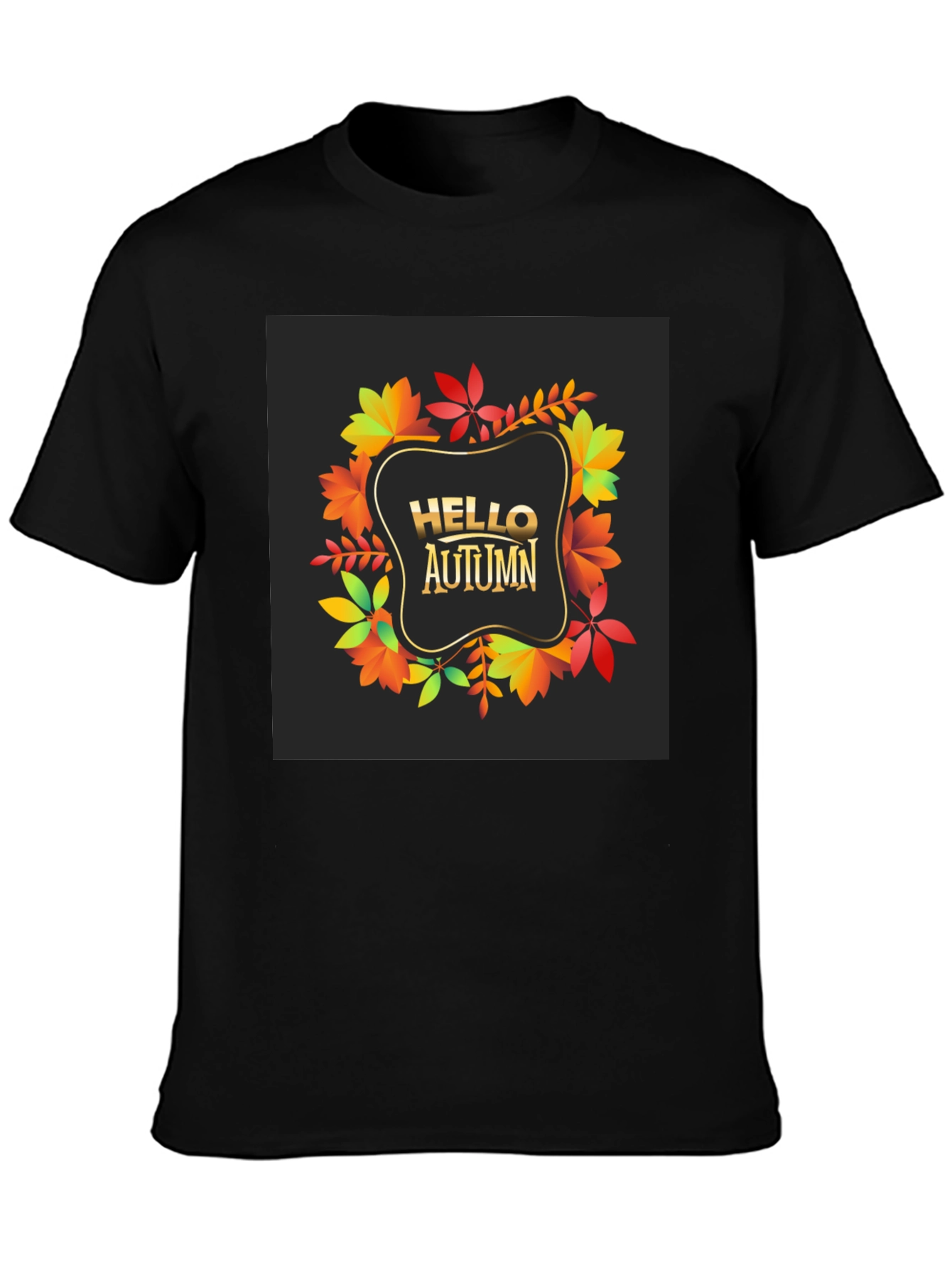 Hello Autumn Black T-Shirt - Fall Leaves Design