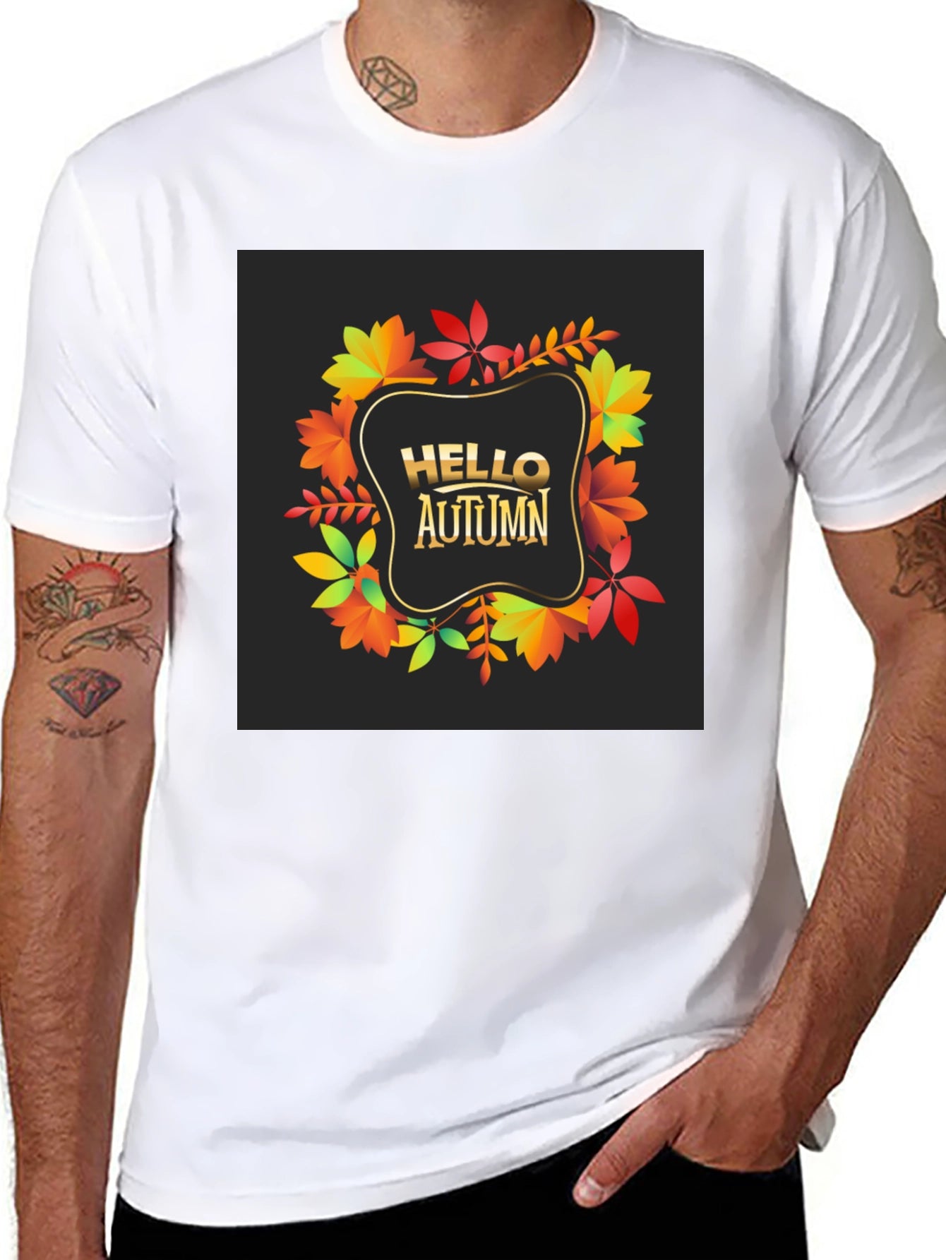 Hello Autumn Black T-Shirt - Fall Leaves Design