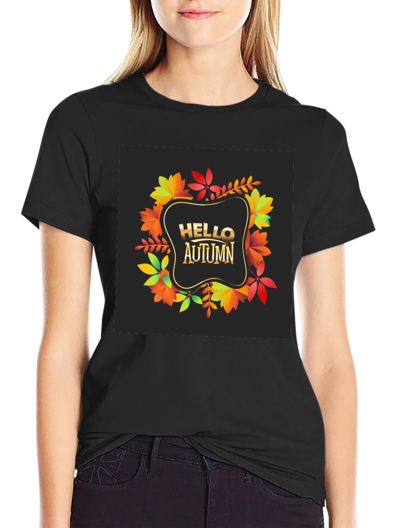 Hello Autumn Black T-Shirt - Fall Leaves Design