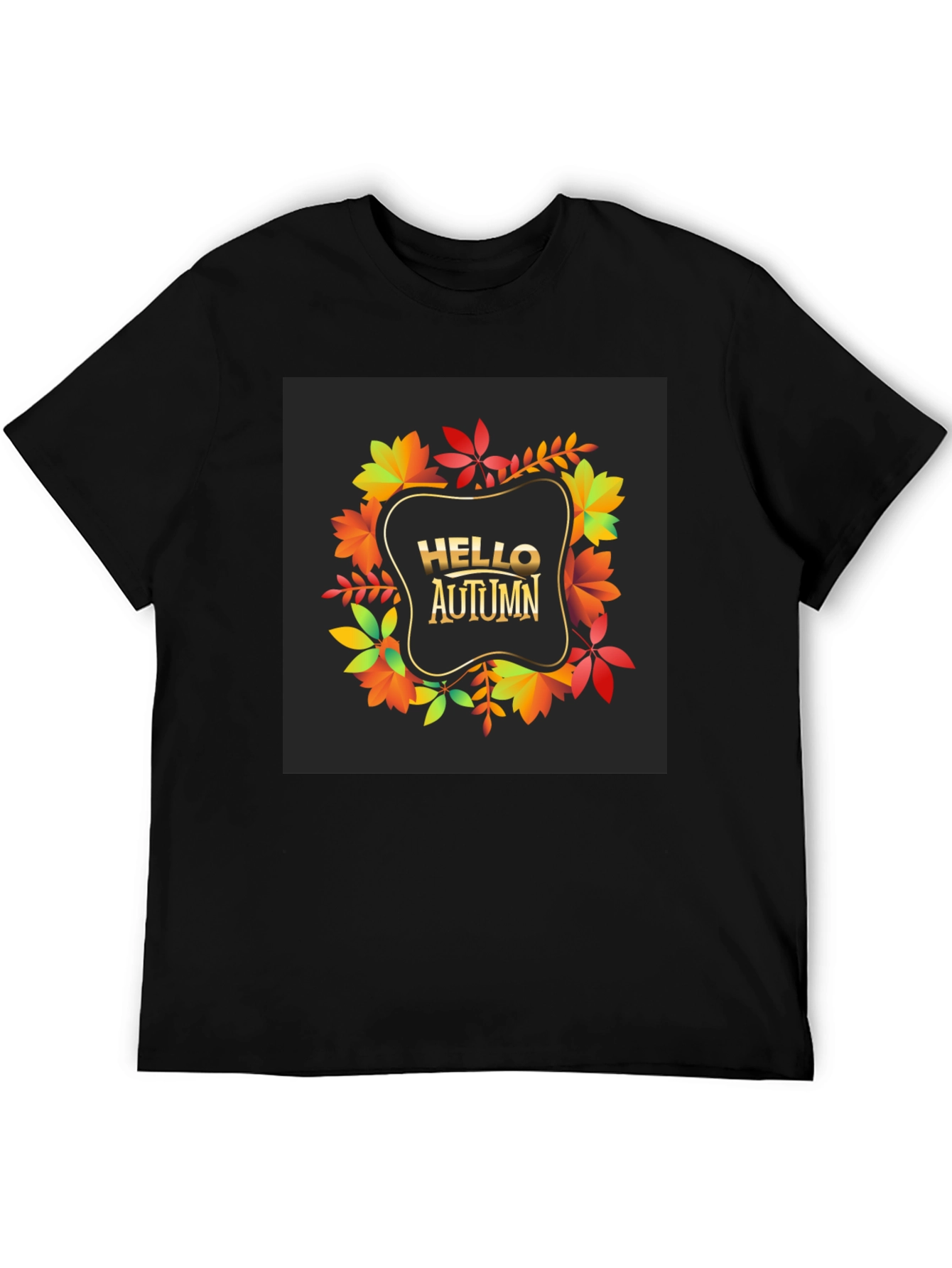 Hello Autumn Black T-Shirt - Fall Leaves Design