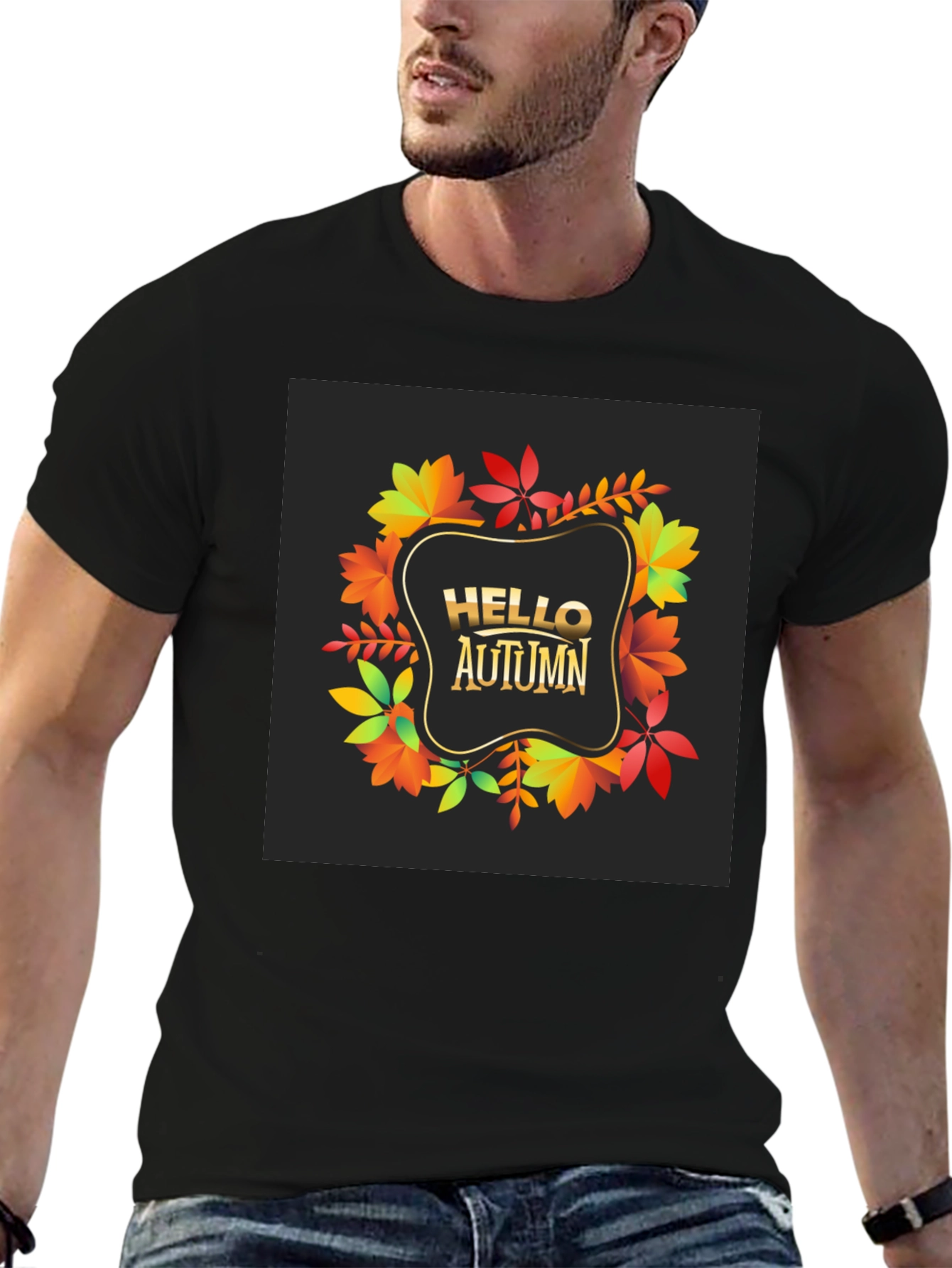 Hello Autumn Black T-Shirt - Fall Leaves Design