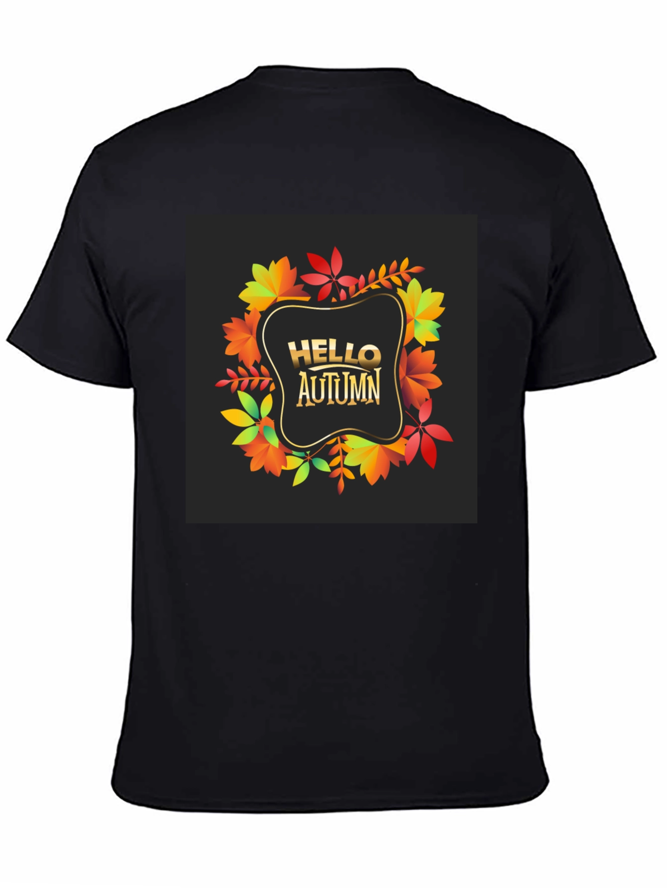 Hello Autumn Black T-Shirt - Fall Leaves Design