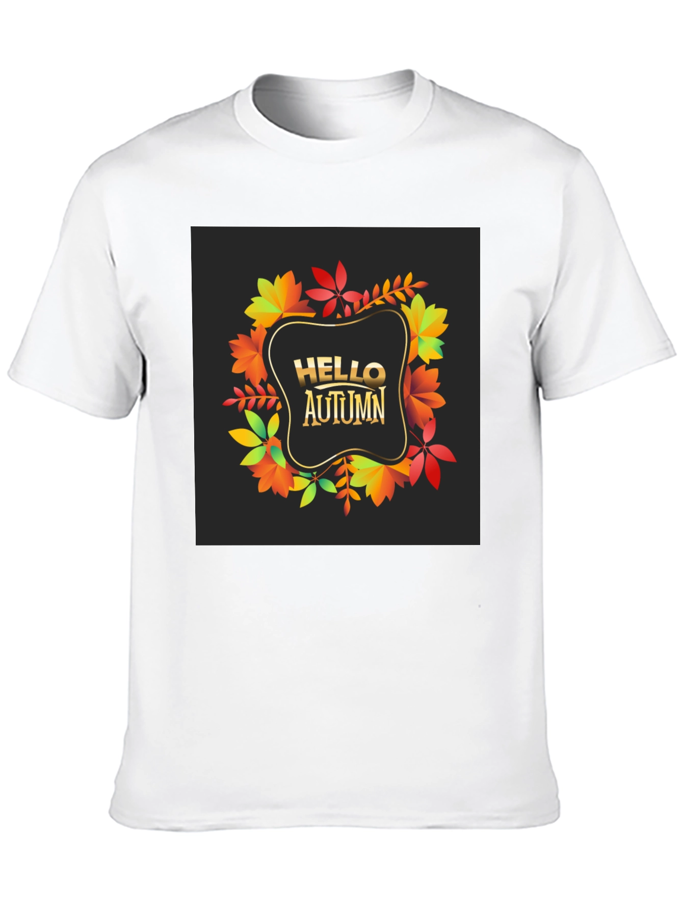 Hello Autumn Black T-Shirt - Fall Leaves Design