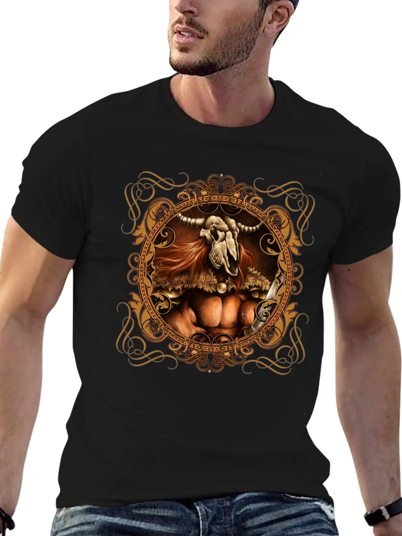 Skull Viking Warrior Graphic Tee - Black