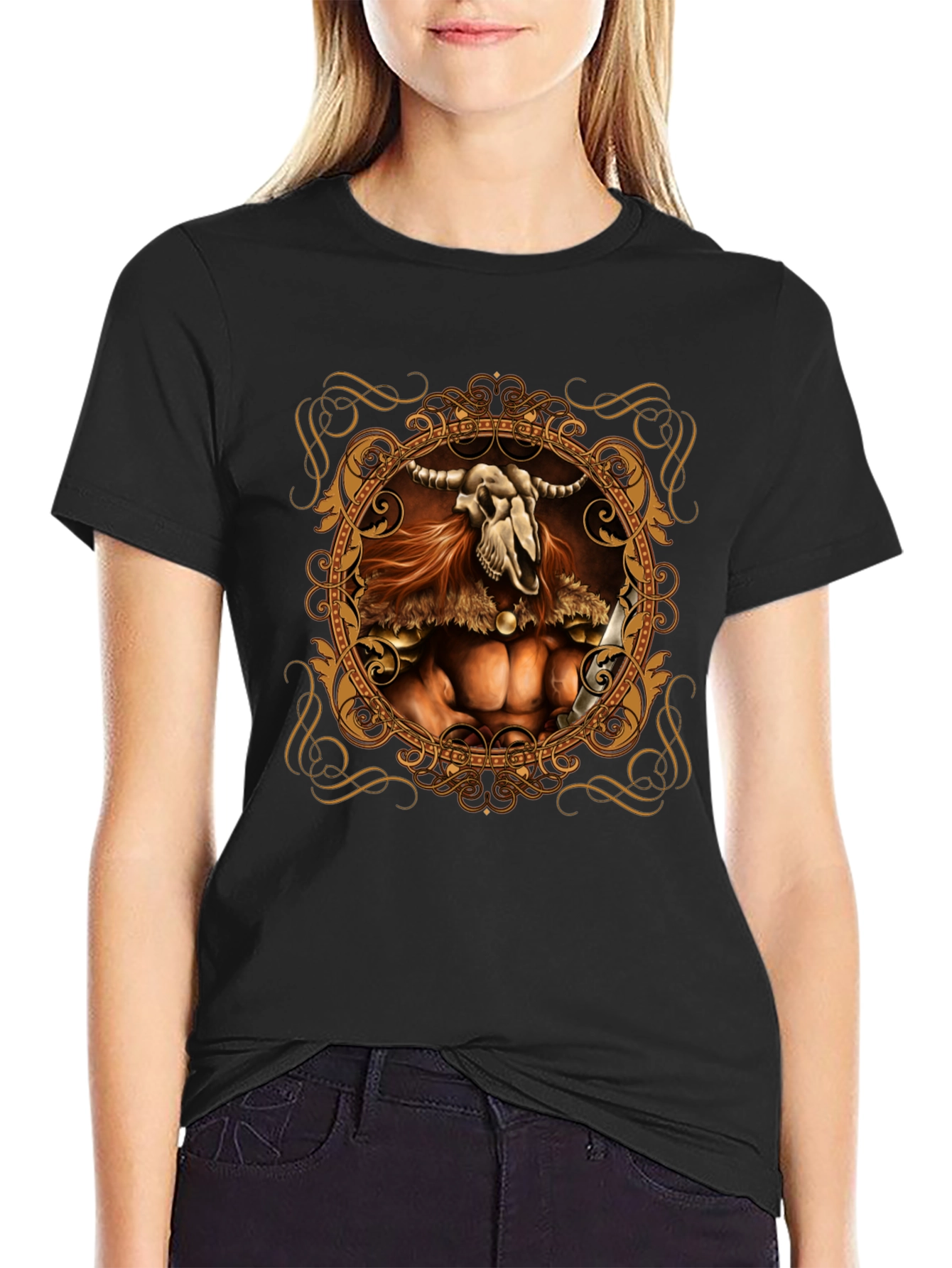 Skull Viking Warrior Graphic Tee - Black