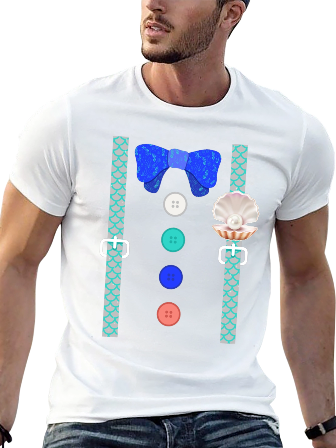 Mermaid Man Bowtie & Buttons Novelty Graphic Tee