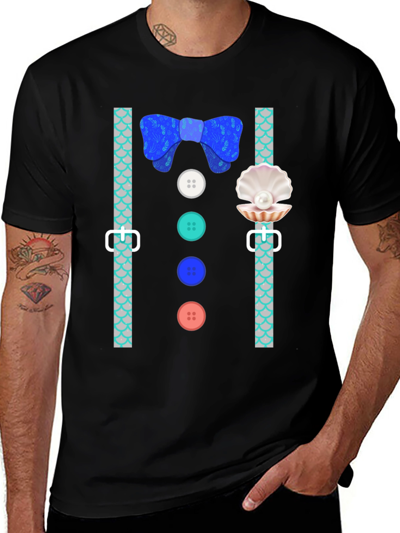 Mermaid Man Bowtie & Buttons Novelty Graphic Tee