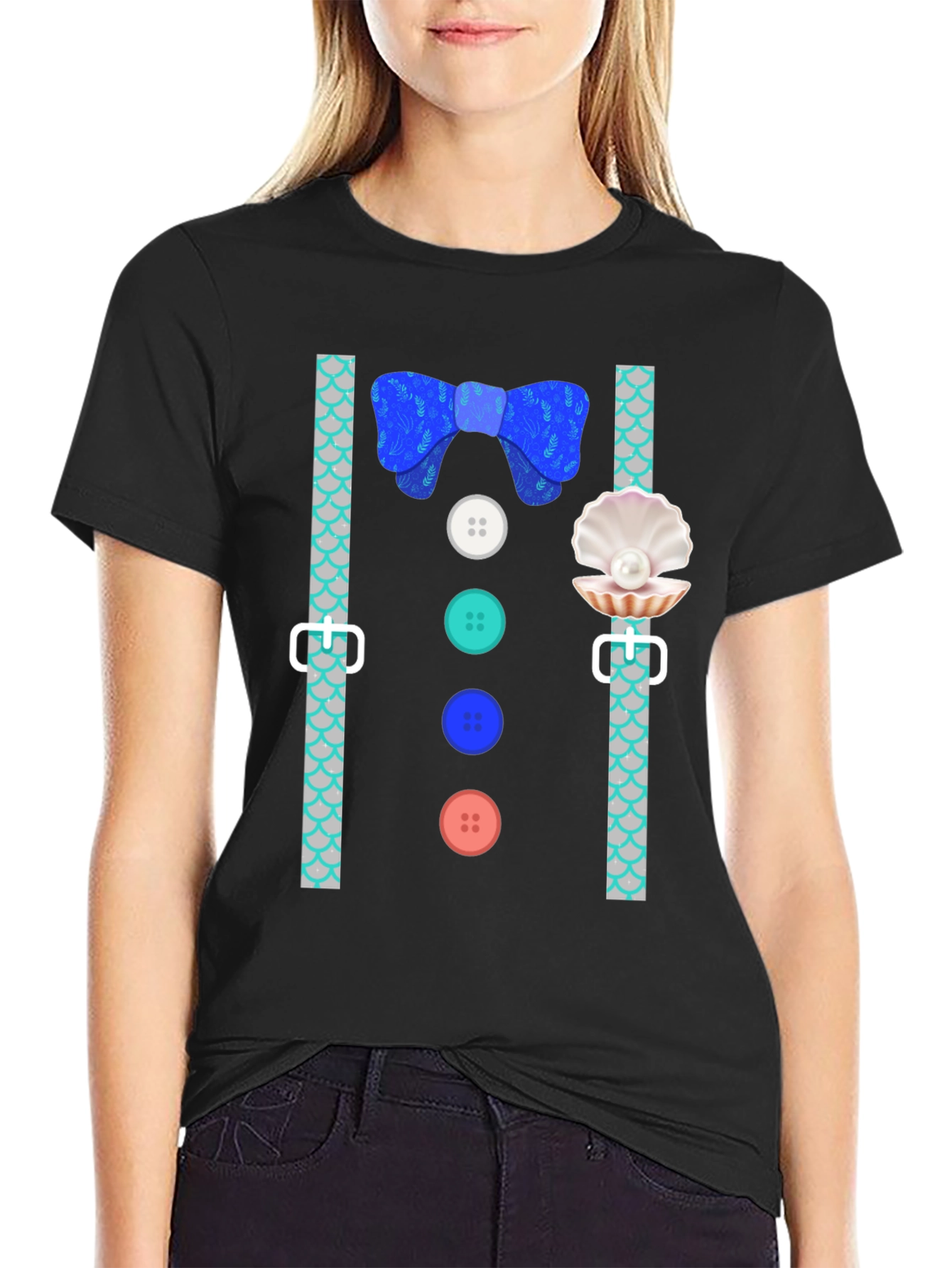 Mermaid Man Bowtie & Buttons Novelty Graphic Tee