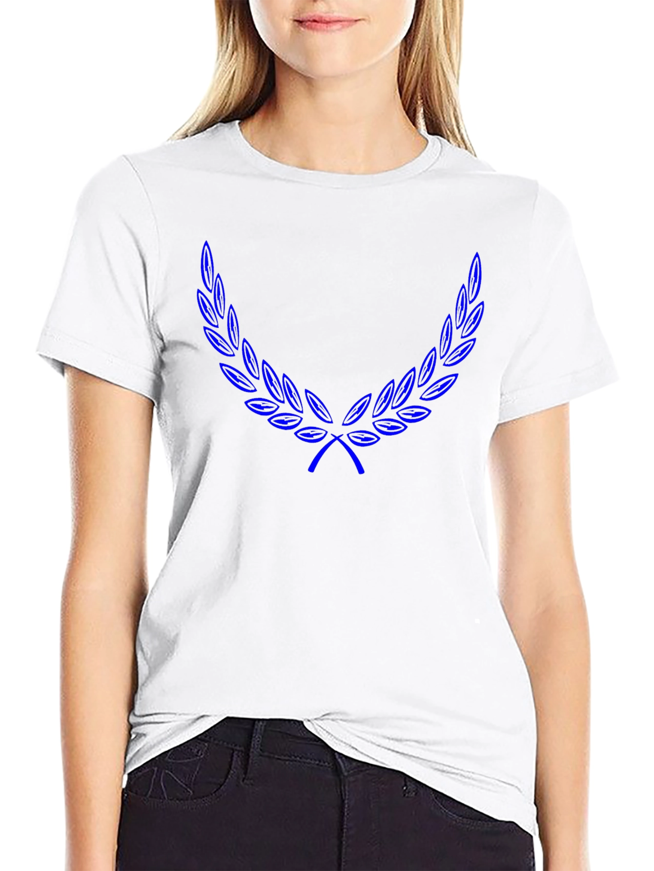 Black T-Shirt with Blue Laurel Wreath Design