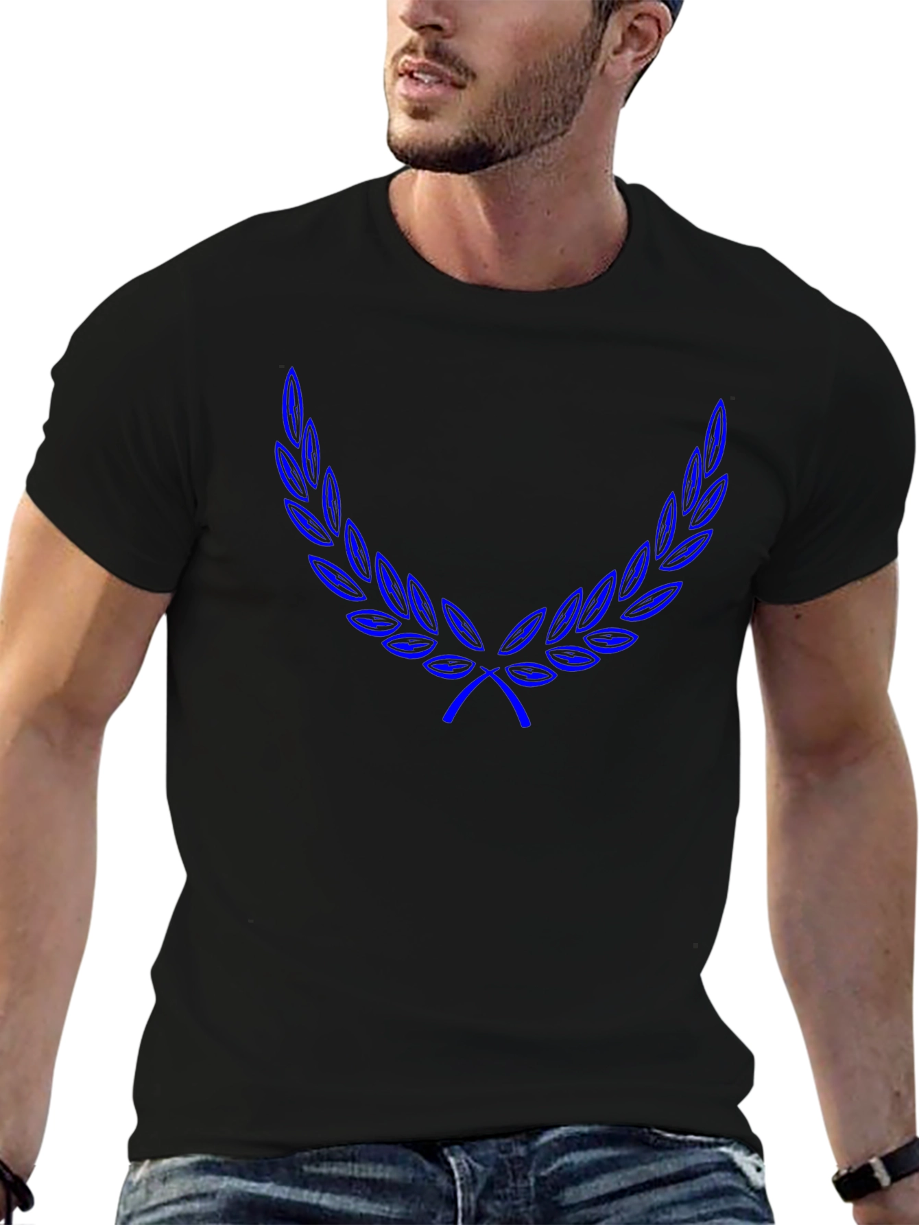 Black T-Shirt with Blue Laurel Wreath Design