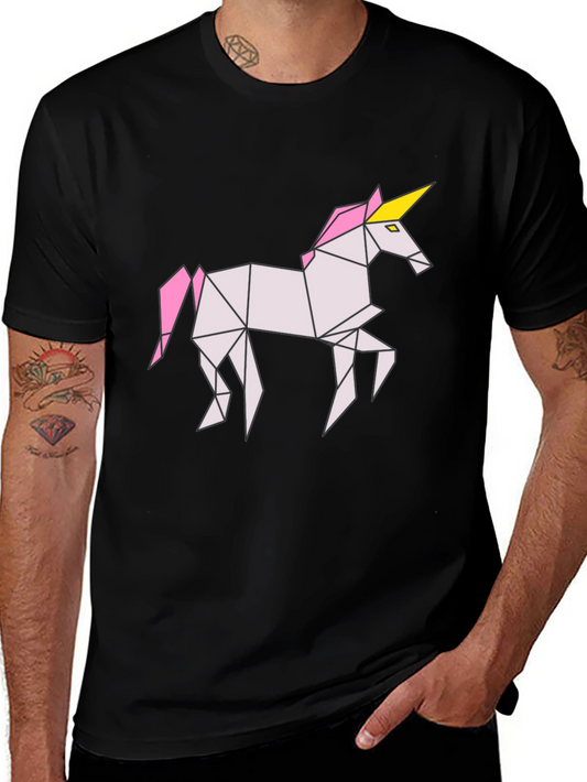 Geometric Unicorn Graphic Tee - Black Cotton Shirt