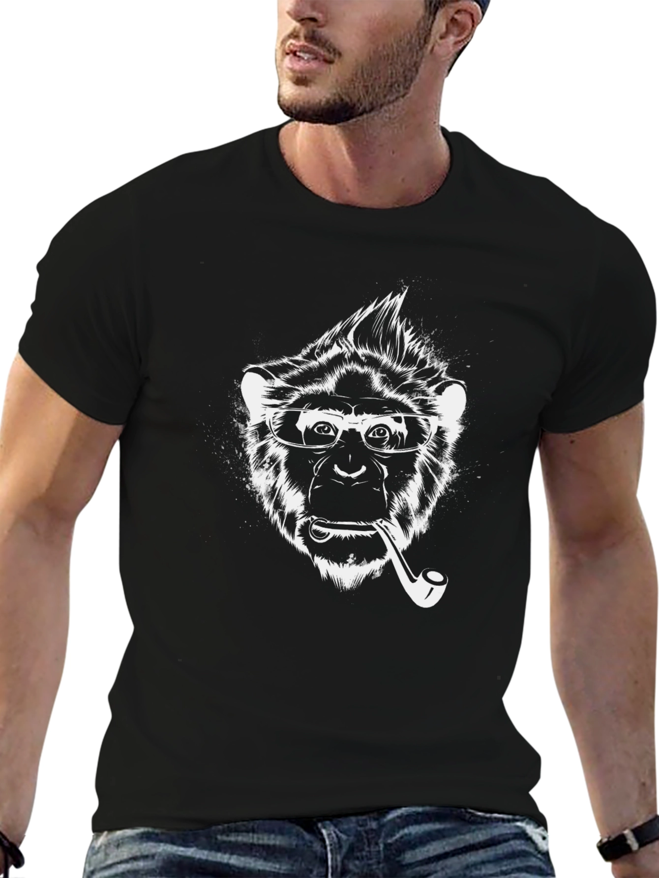 Stylish Monkey Graphic Tee - Black Cotton Blend