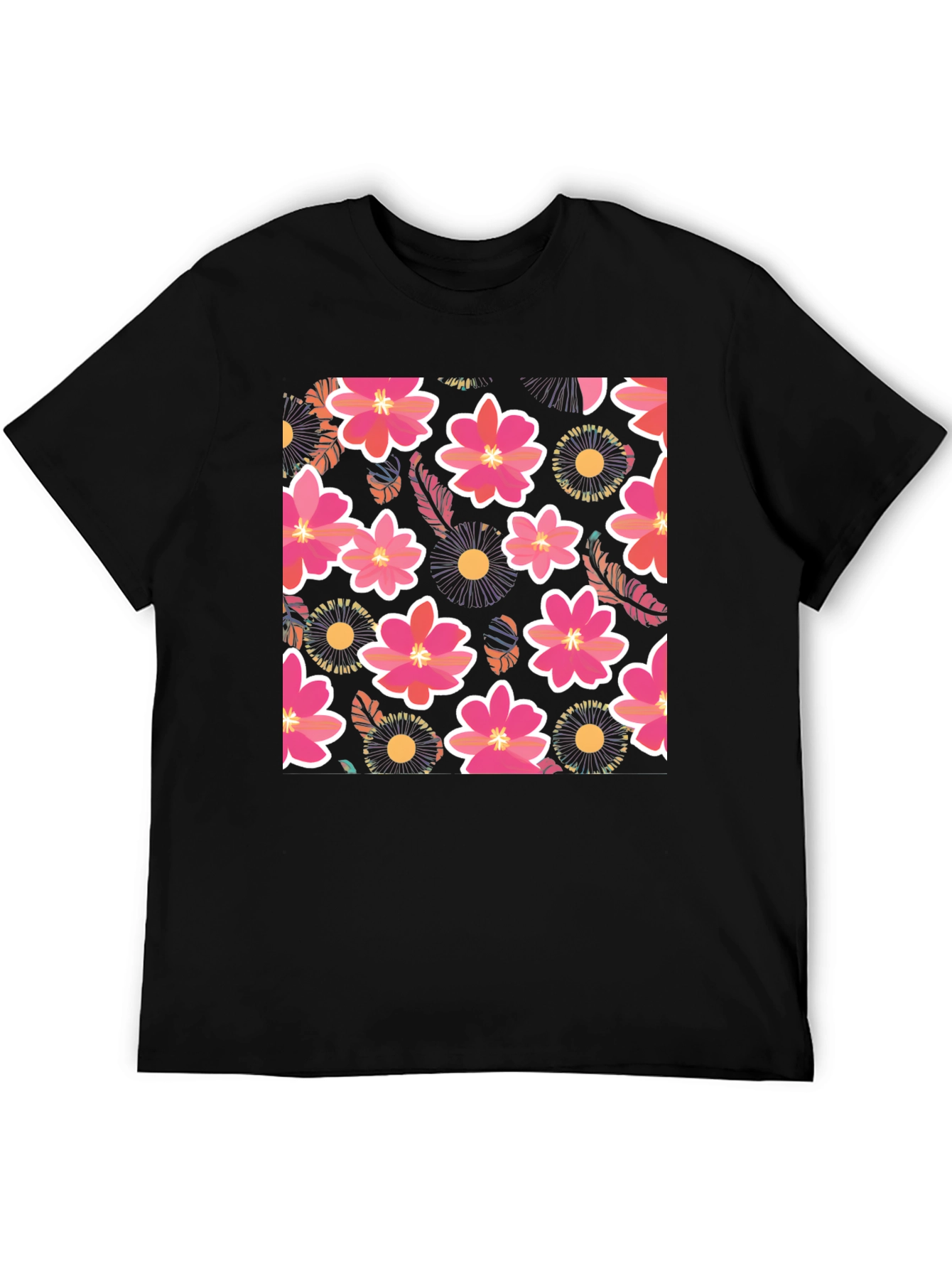 Floral Print Mens Black T-Shirt