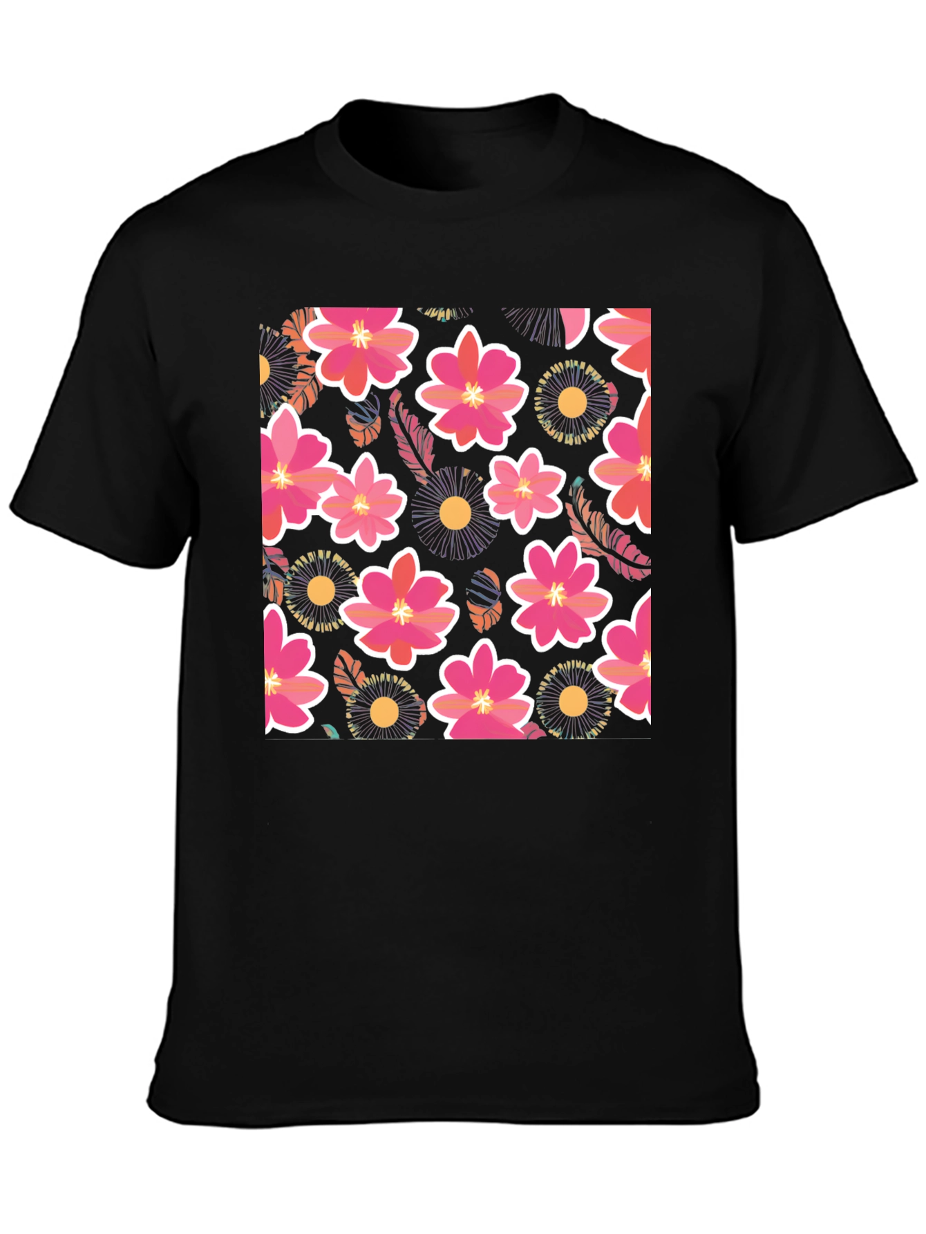 Floral Print Mens Black T-Shirt