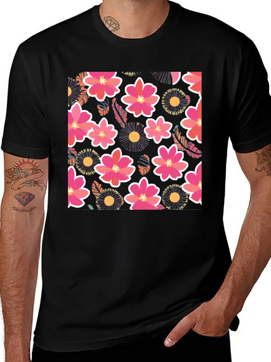 Floral Print Mens Black T-Shirt
