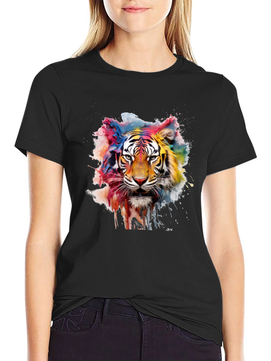 Colorful Tiger Print Mens Black T-Shirt