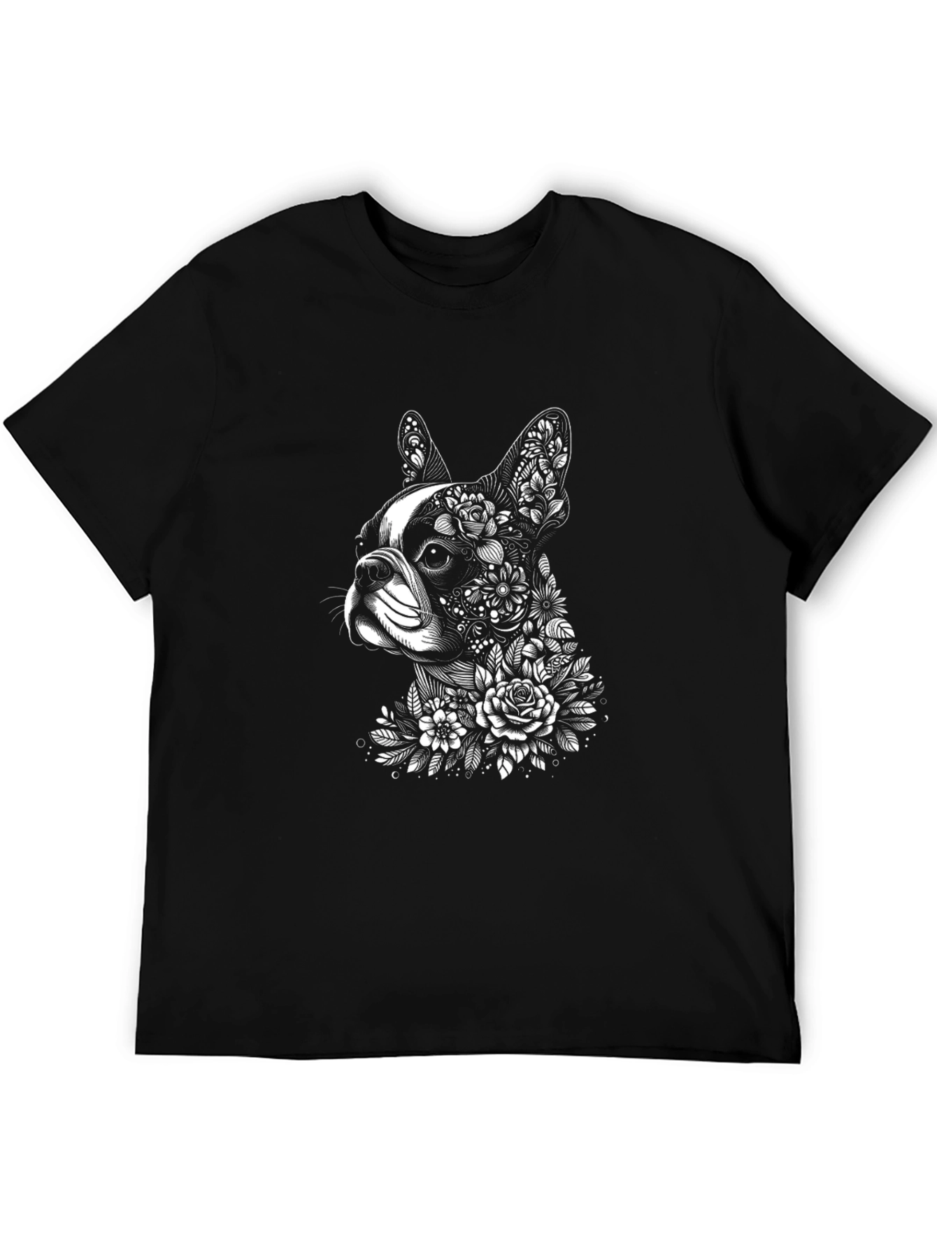 Floral Dog Graphic T-Shirt - Black Cotton Tee