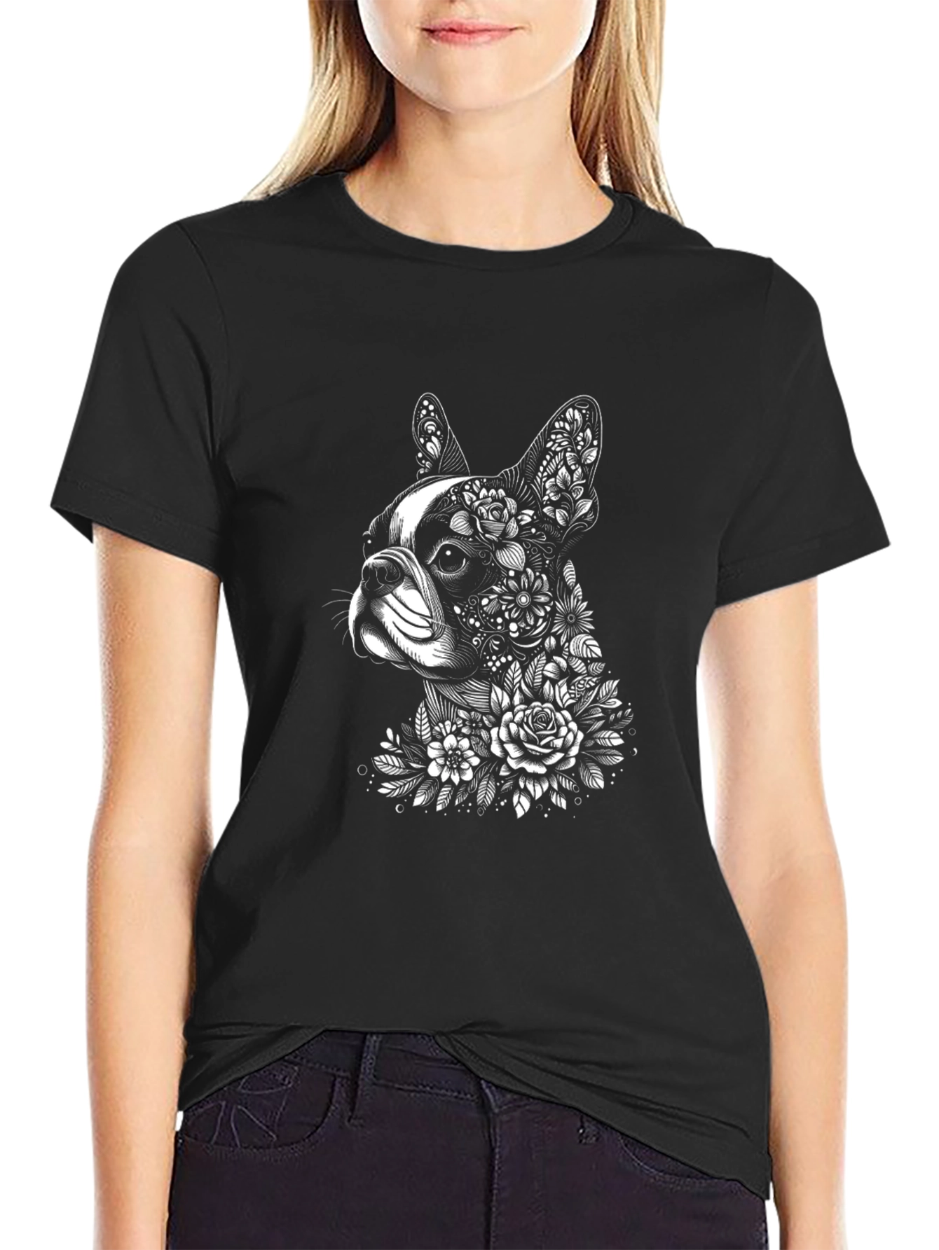 Floral Dog Graphic T-Shirt - Black Cotton Tee
