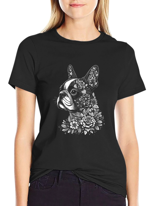 Floral Dog Graphic T-Shirt - Black Cotton Tee